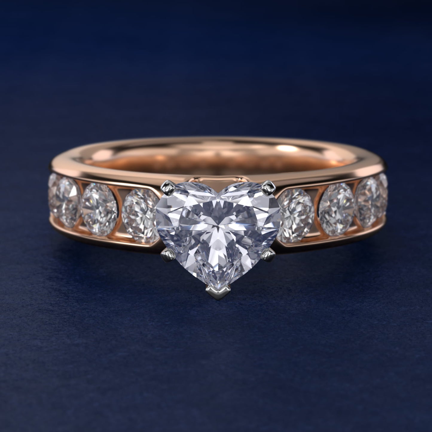 Channel Set Round Diamond Engagement Ring in 18k Rose Gold (1 1/2 ct. tw.) - Heart Center