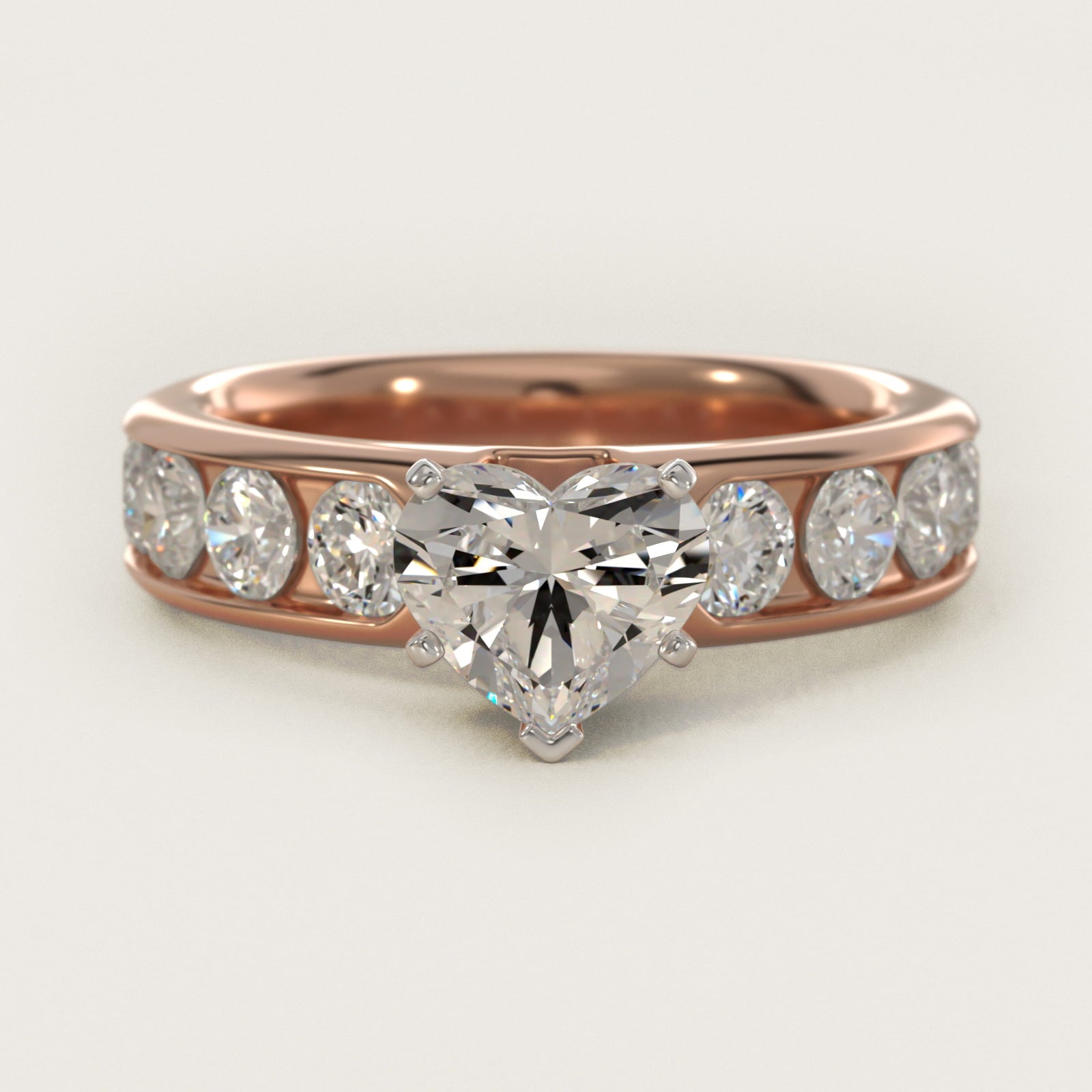 Channel Set Round Diamond Engagement Ring in 18k Rose Gold (1 1/2 ct. tw.) - Heart Center