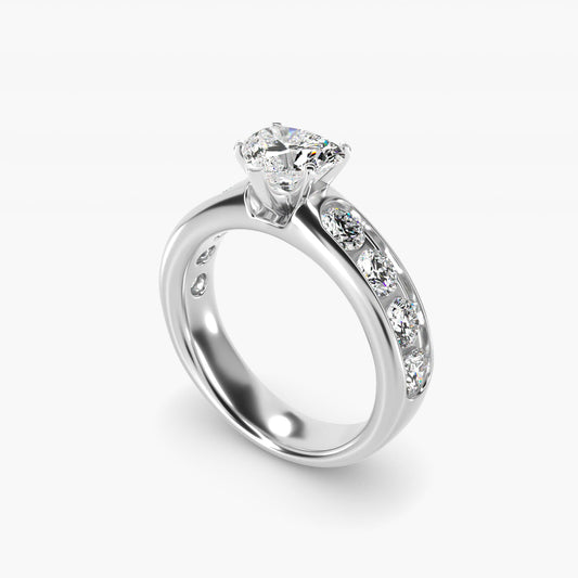 Channel Set Round Diamond Engagement Ring in 18k White Gold (1 1/2 ct. tw.) - Heart Center