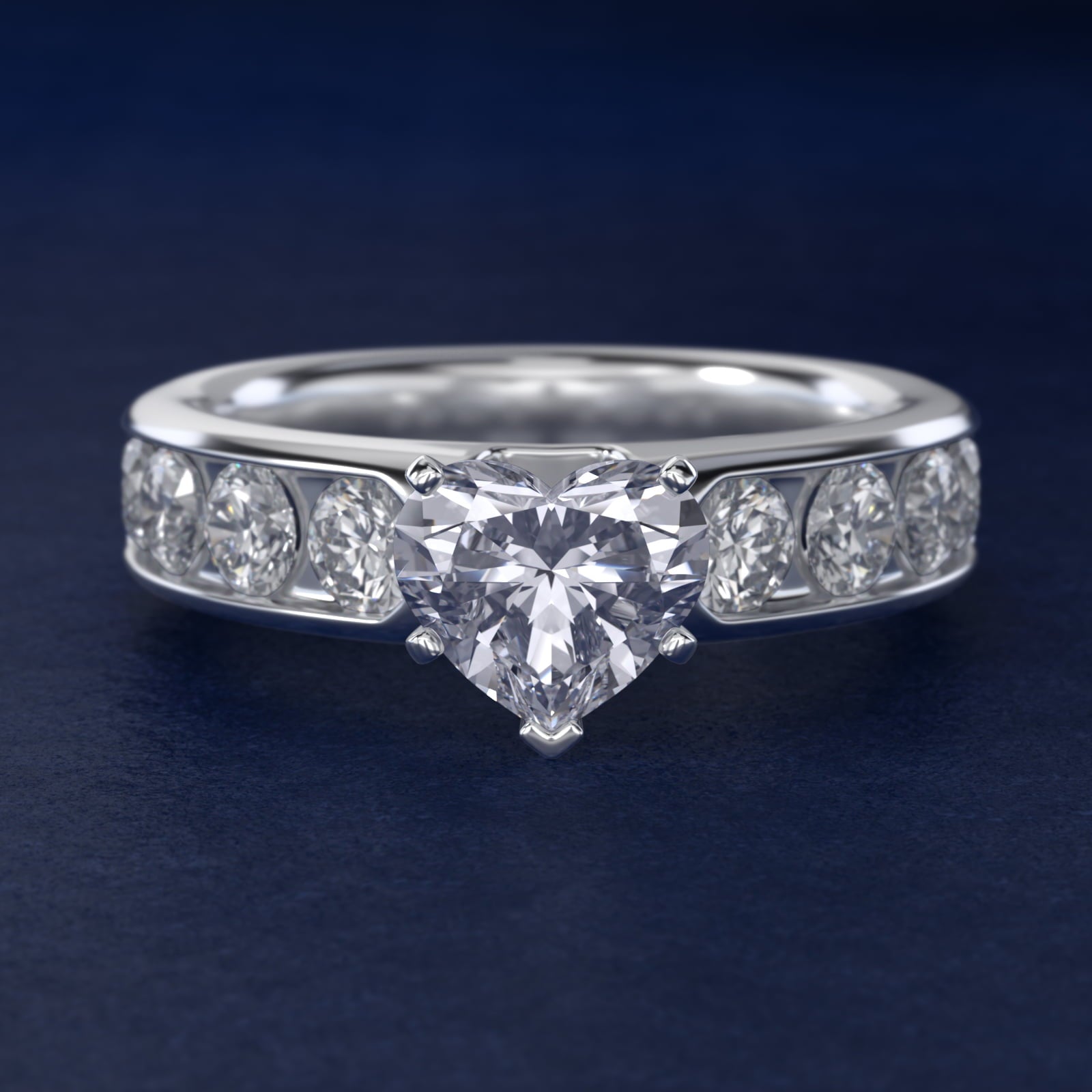 Channel Set Round Diamond Engagement Ring in 14k White Gold (1 1/2 ct. tw.) - Heart Center