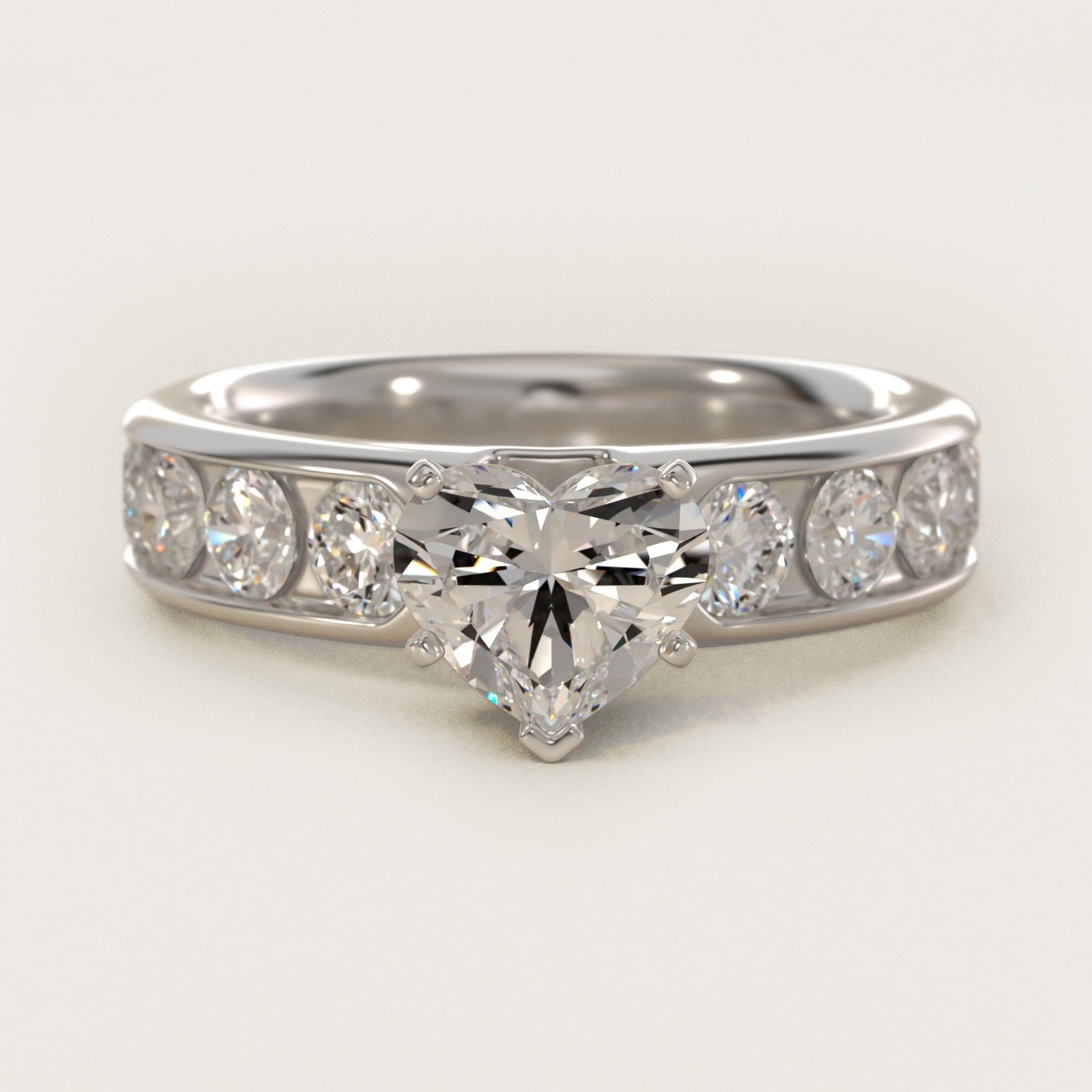 Channel Set Round Diamond Engagement Ring in 18k White Gold (1 1/2 ct. tw.) - Heart Center
