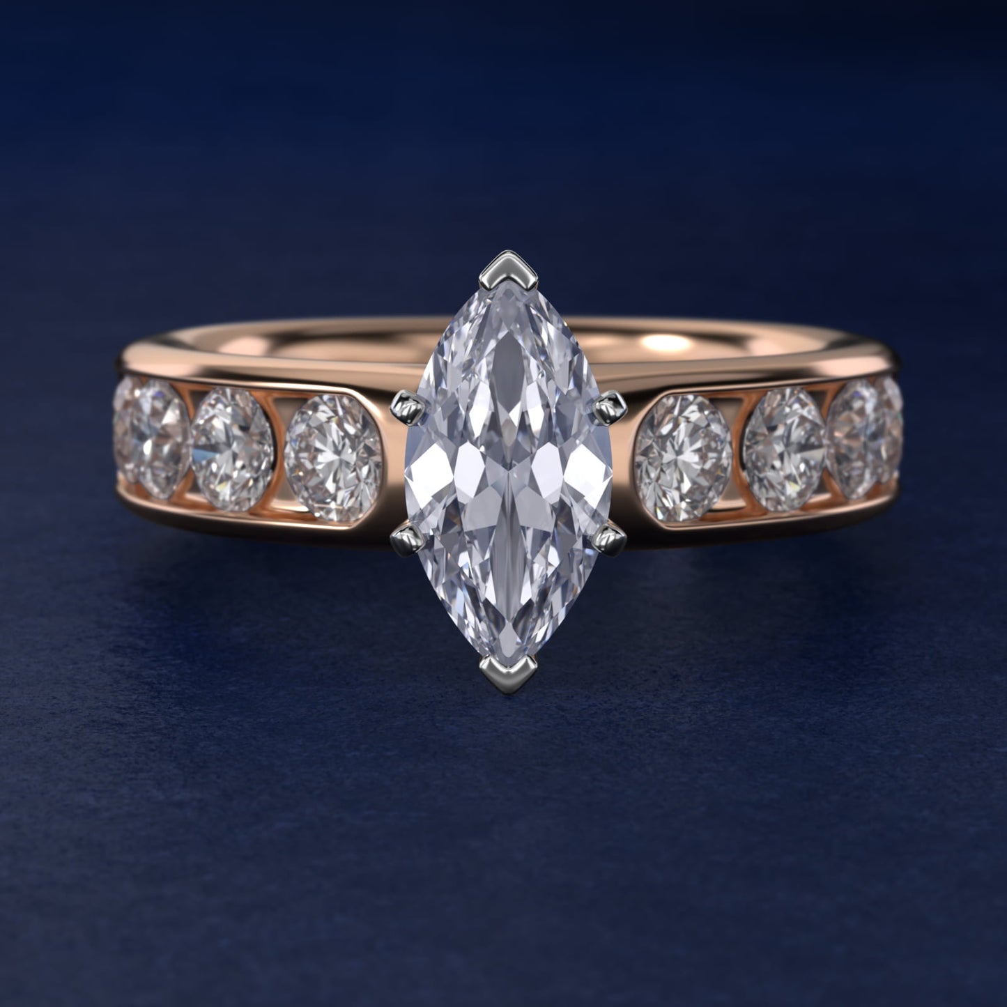 Channel Set Round Diamond Engagement Ring in 18k Rose Gold (1 1/2 ct. tw.) - Marquise Center