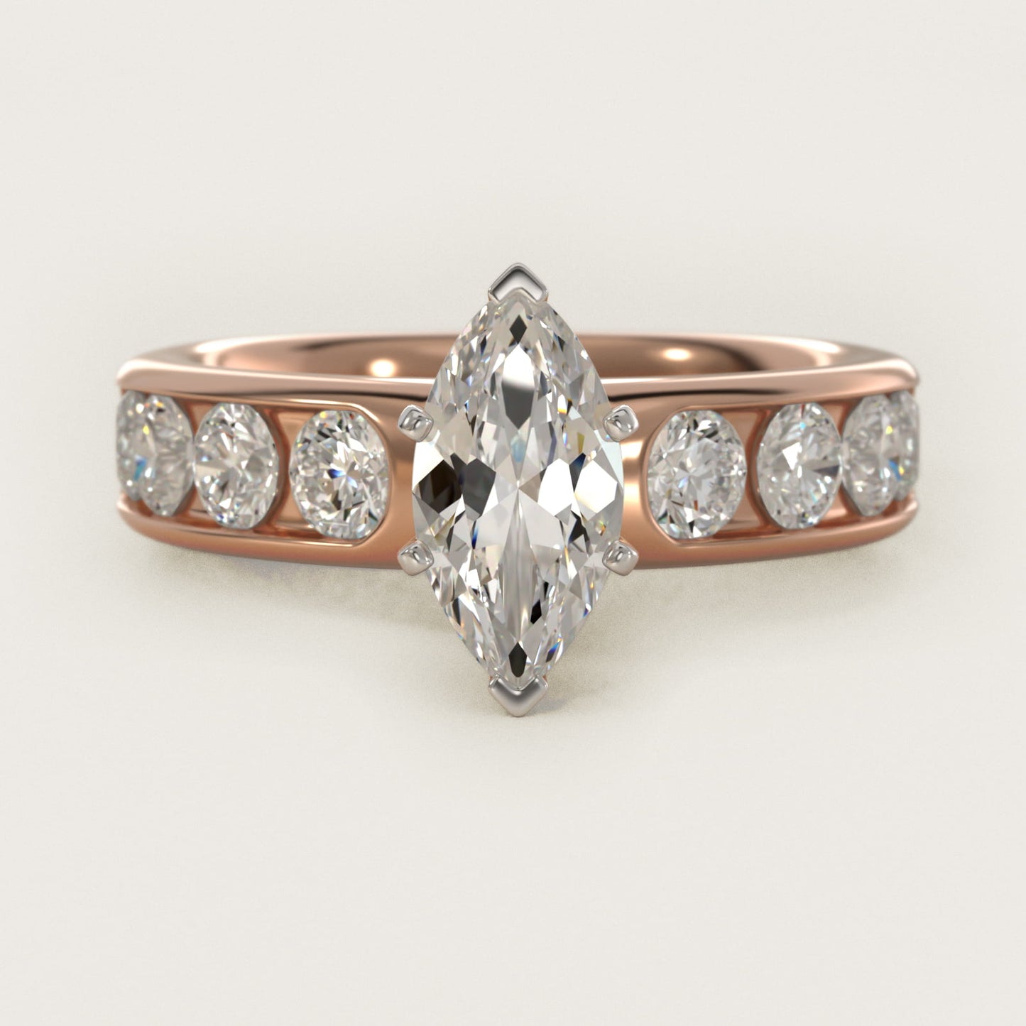 Channel Set Round Diamond Engagement Ring in 14k Rose Gold (1 1/2 ct. tw.) - Marquise Center