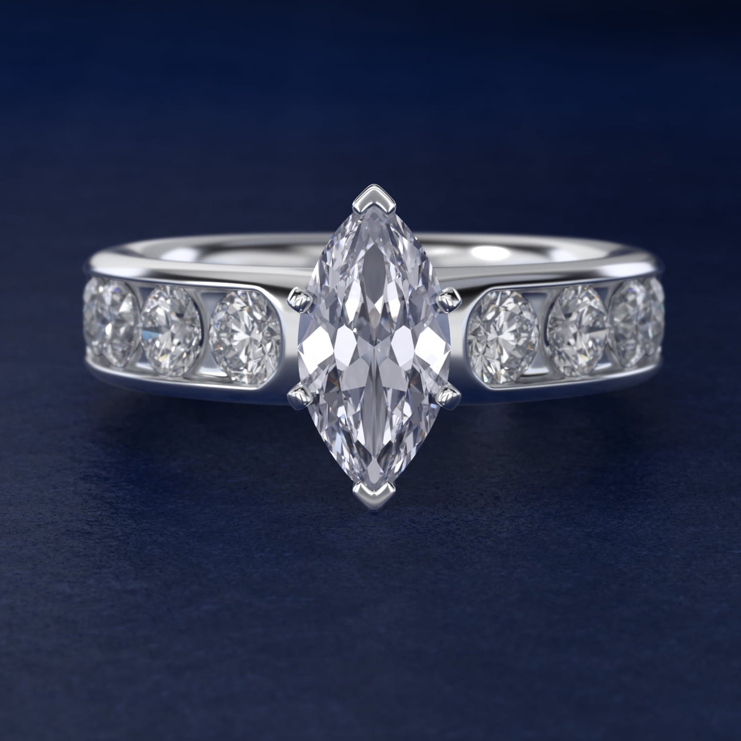 Channel Set Round Diamond Engagement Ring in 18k White Gold (1 1/2 ct. tw.) - Marquise Center