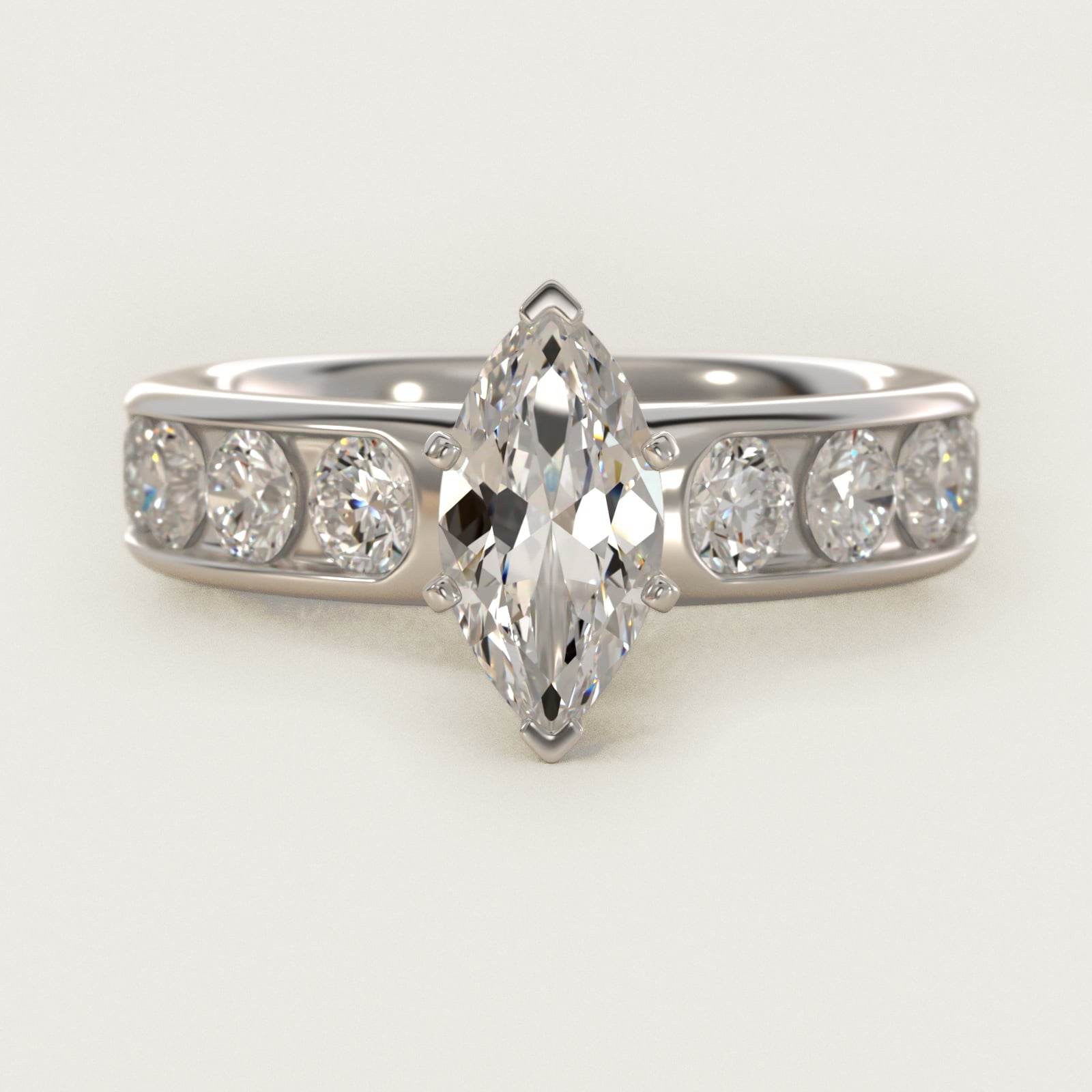 Channel Set Round Diamond Engagement Ring in 14k White Gold (1 1/2 ct. tw.) - Marquise Center