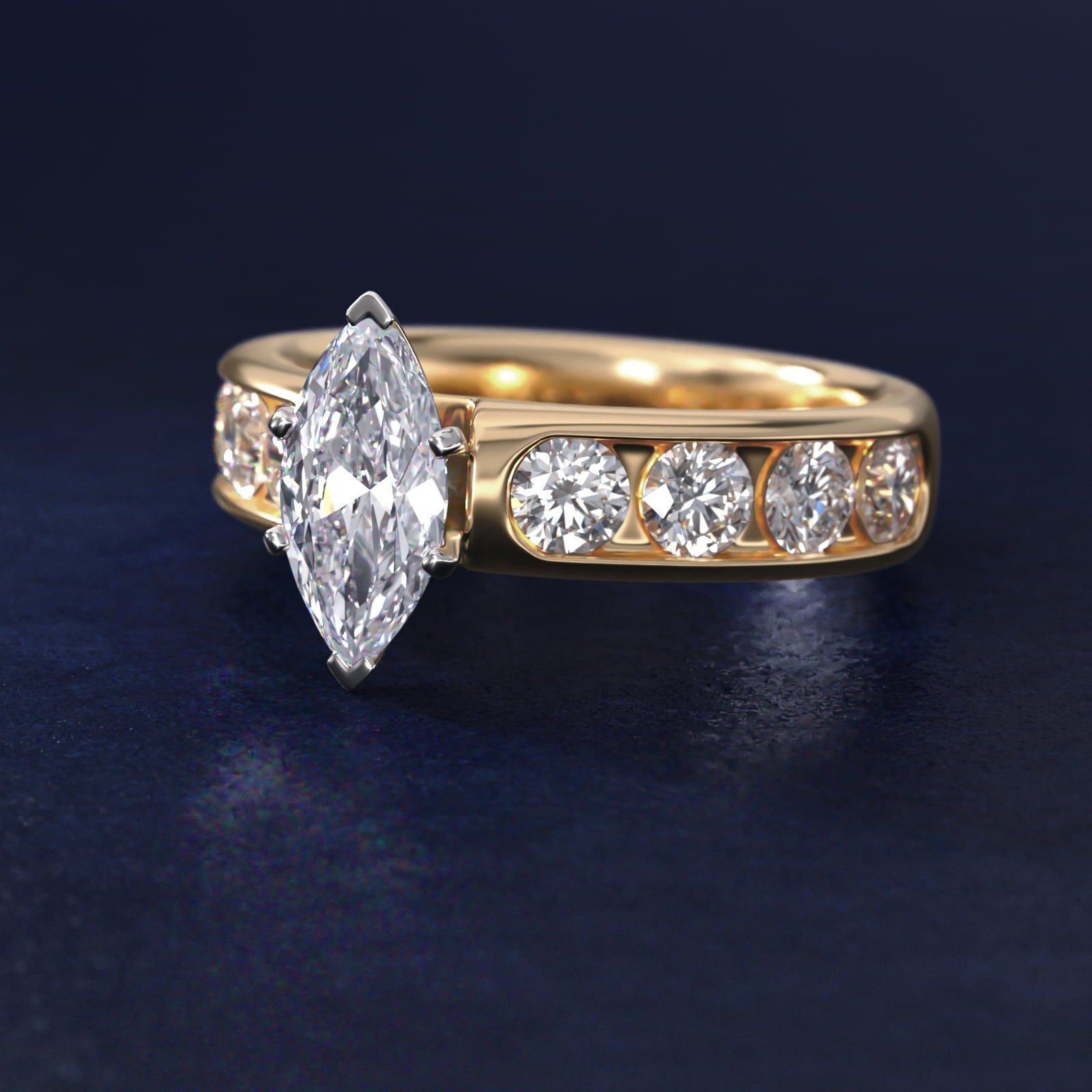 Channel Set Round Diamond Engagement Ring in 14k Yellow Gold (1 1/2 ct. tw.) - Marquise Center