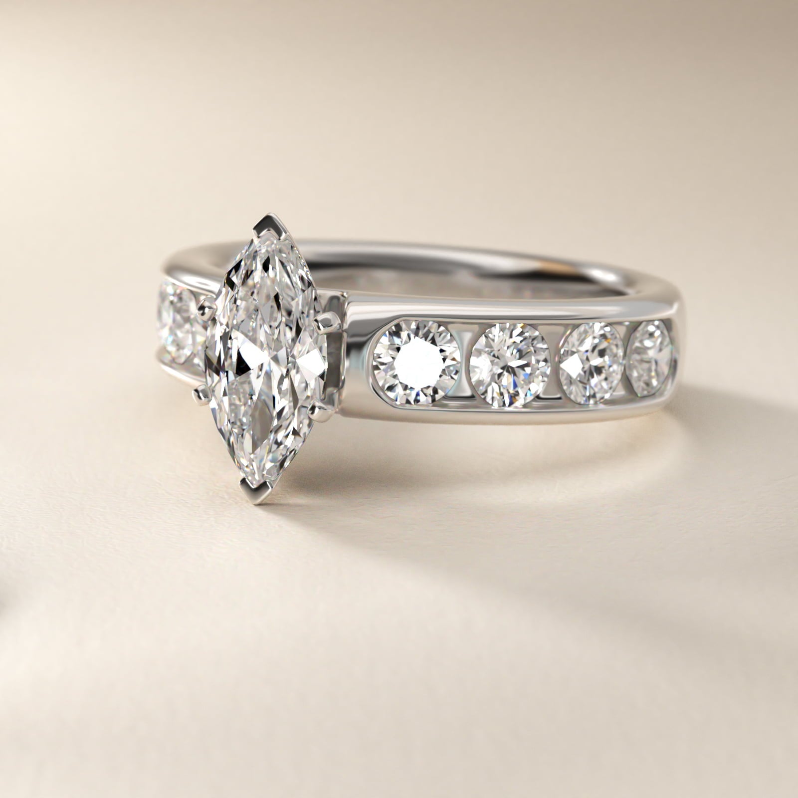 Channel Set Round Diamond Engagement Ring in Platinum (1 1/2 ct. tw.) - Marquise Center