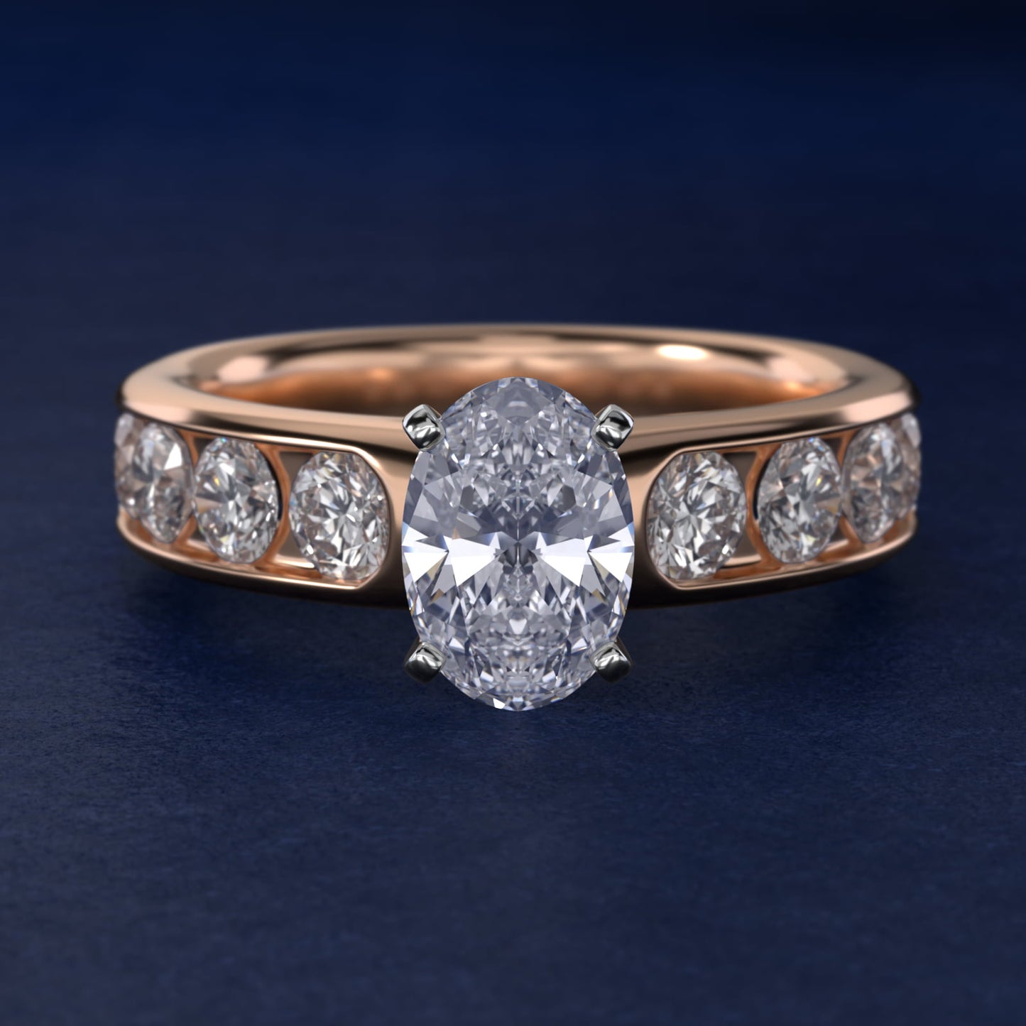 Channel Set Round Diamond Engagement Ring in 18k Rose Gold (1 1/2 ct. tw.) - Oval Center