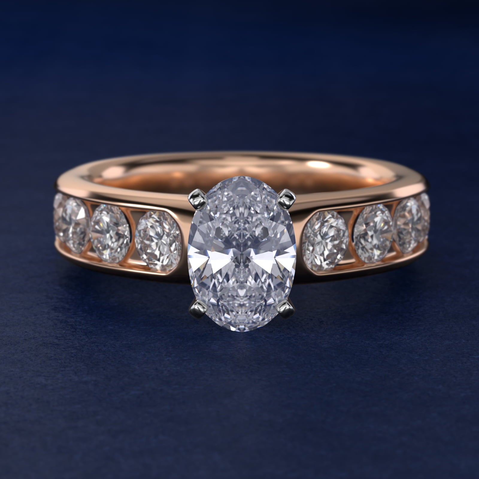 Channel Set Round Diamond Engagement Ring in 18k Rose Gold (1 1/2 ct. tw.) - Oval Center