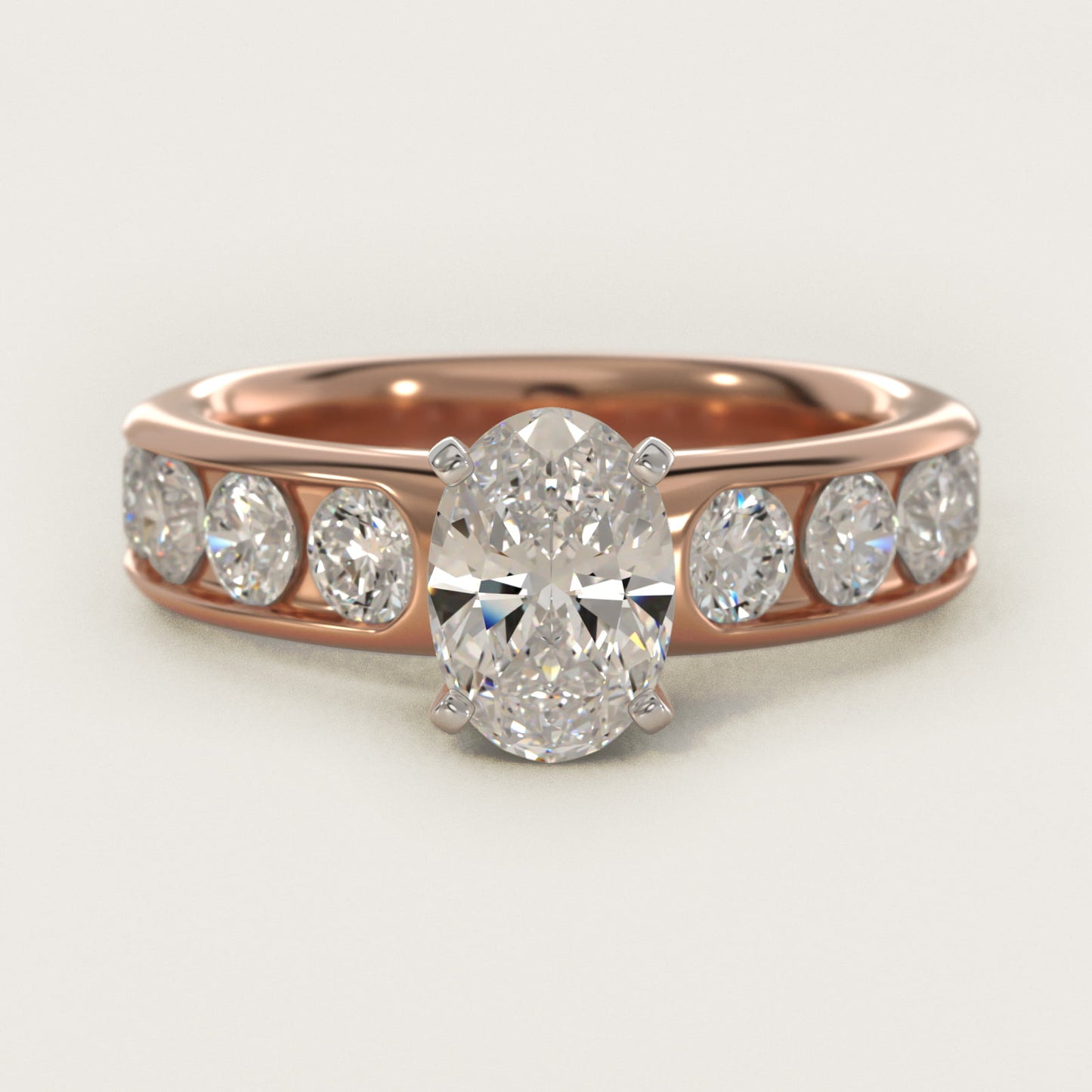 Channel Set Round Diamond Engagement Ring in 14k Rose Gold (1 1/2 ct. tw.) - Oval Center