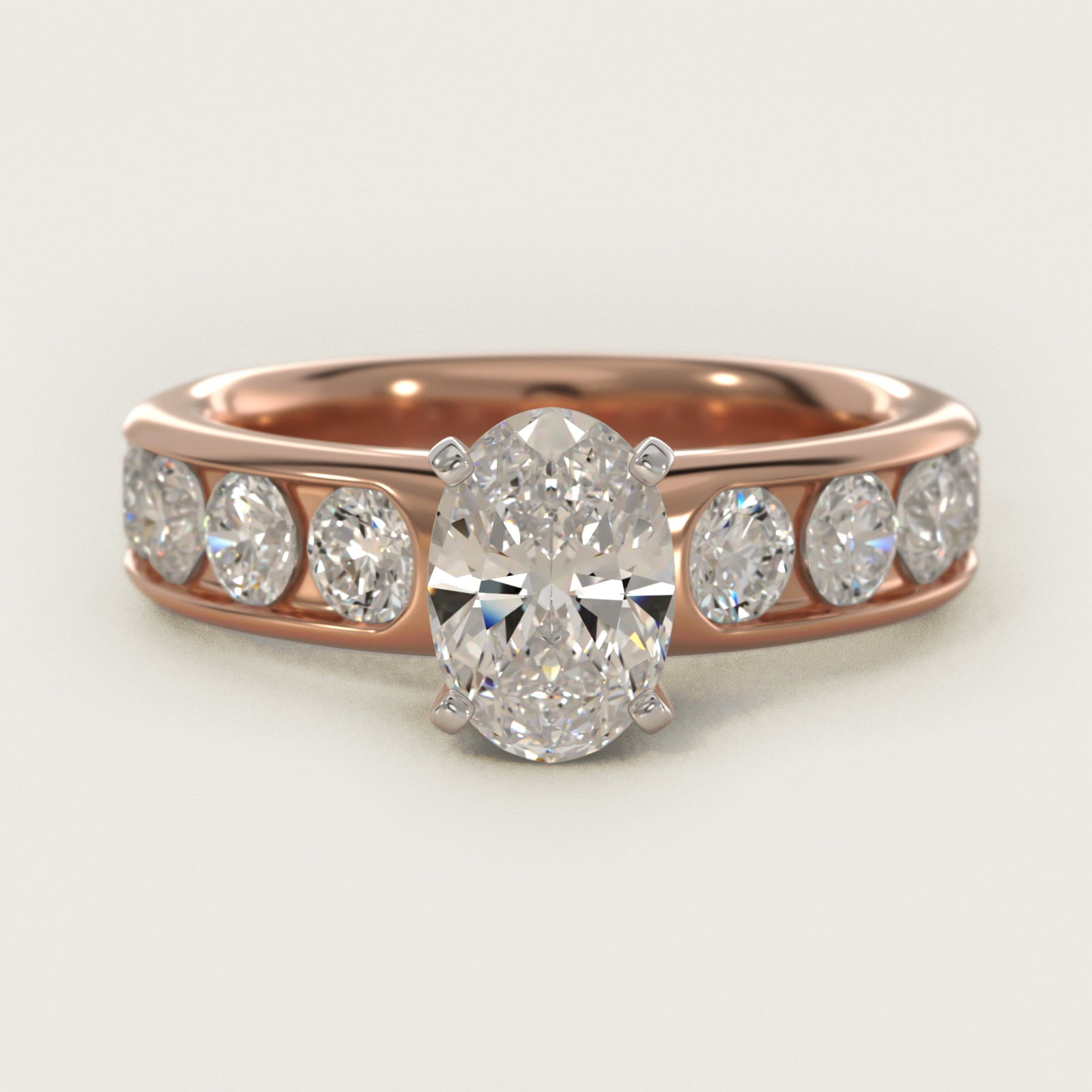 Channel Set Round Diamond Engagement Ring in 14k Rose Gold (1 1/2 ct. tw.) - Oval Center