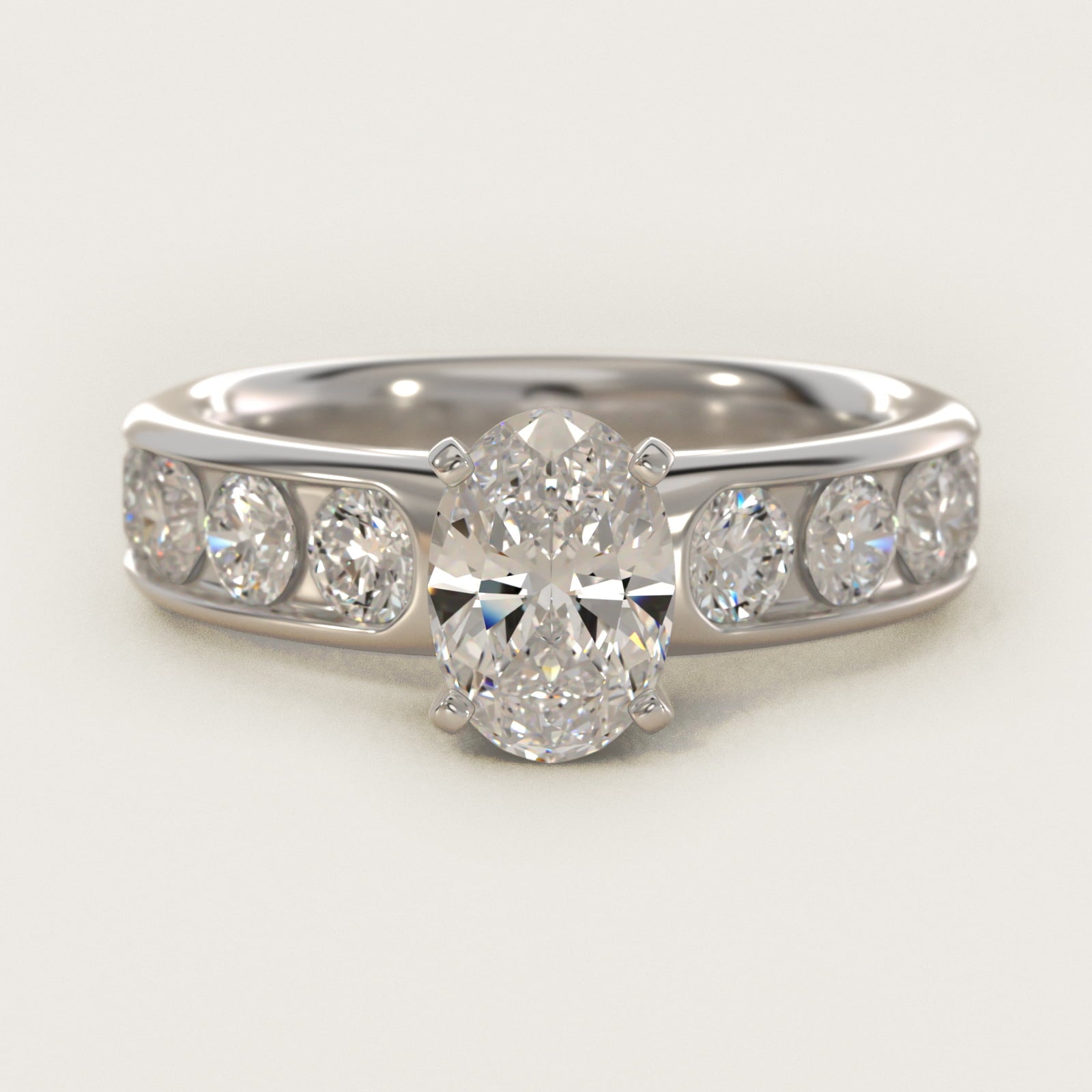 Channel Set Round Diamond Engagement Ring in 14k White Gold (1 1/2 ct. tw.) - Oval Center