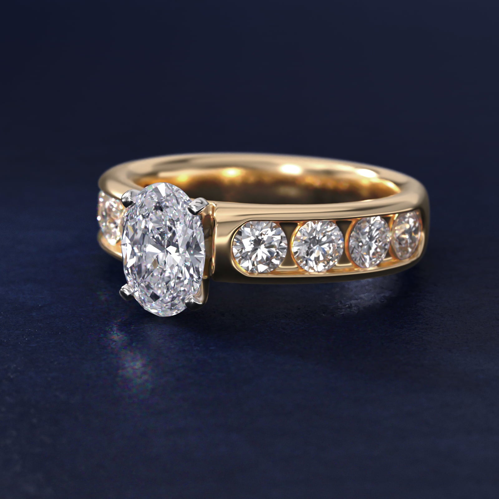 Channel Set Round Diamond Engagement Ring in 18k Yellow Gold (1 1/2 ct. tw.) - Oval Center