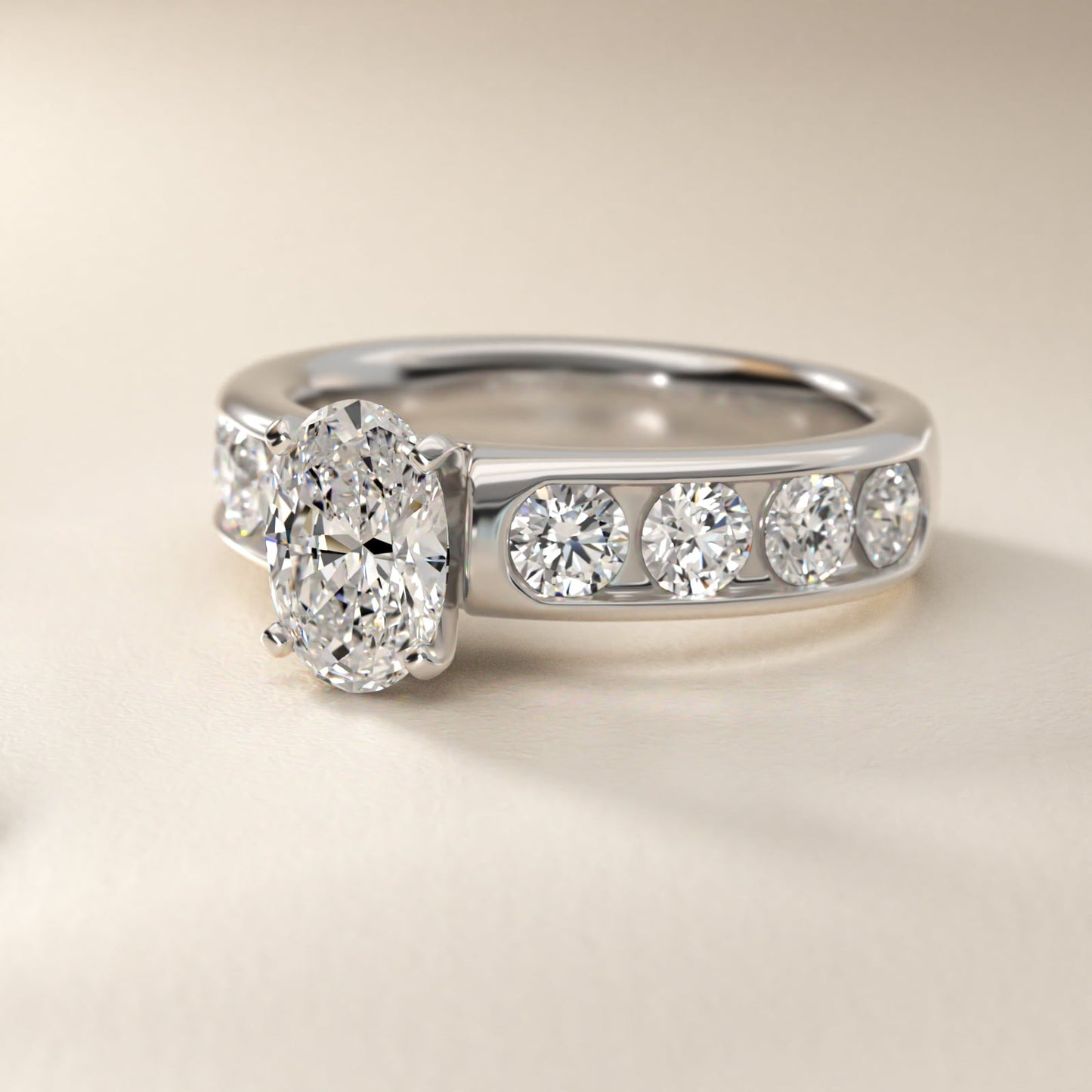 Channel Set Round Diamond Engagement Ring in Platinum (1 1/2 ct. tw.) - Oval Center