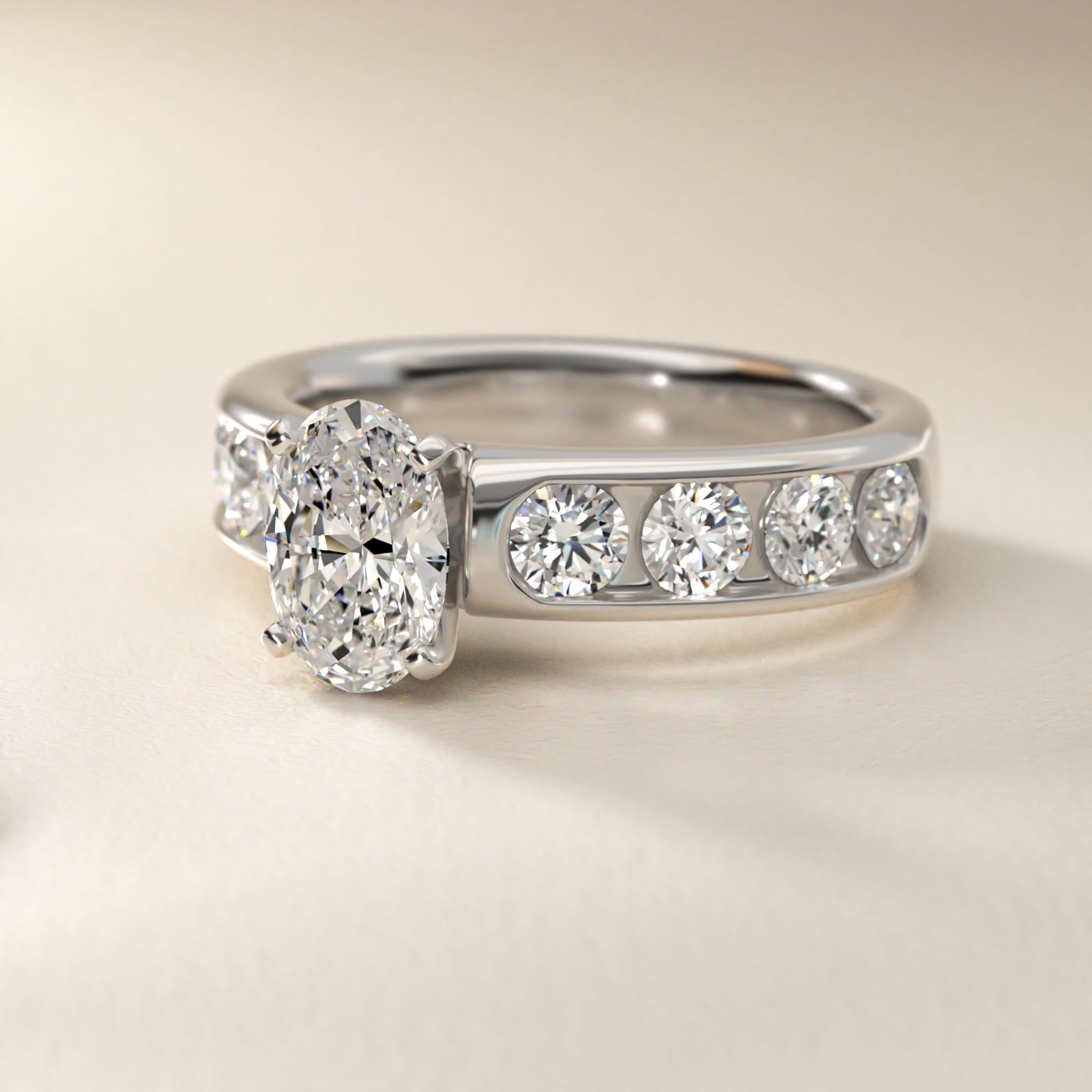 Channel Set Round Diamond Engagement Ring in Platinum (1 1/2 ct. tw.) - Oval Center