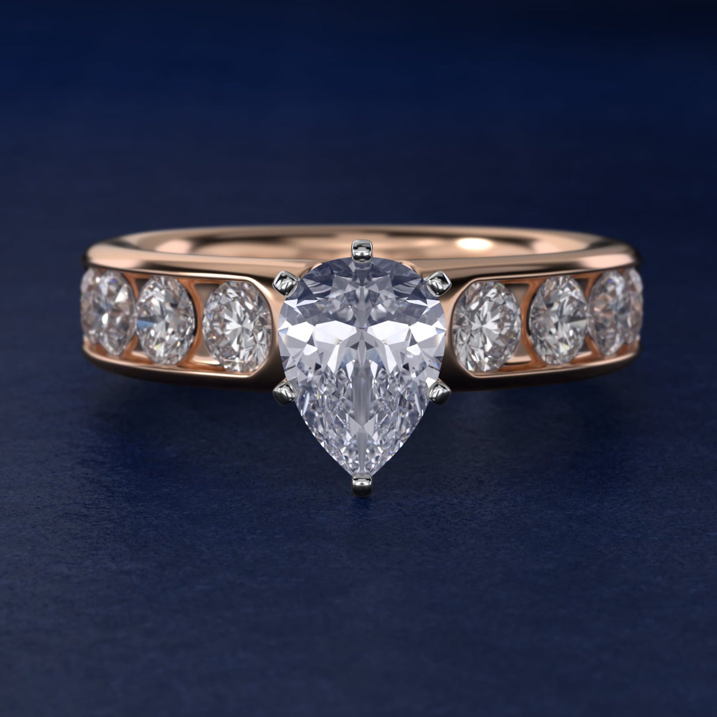 Channel Set Round Diamond Engagement Ring in 18k Rose Gold (1 1/2 ct. tw.) - Pear Center
