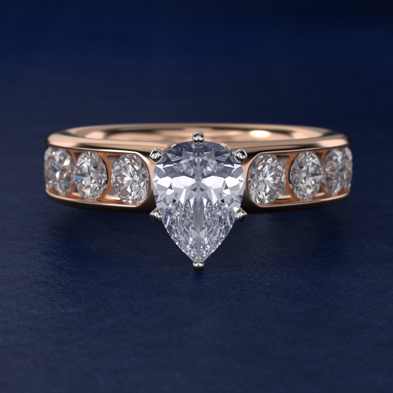 Channel Set Round Diamond Engagement Ring in 18k Rose Gold (1 1/2 ct. tw.) - Pear Center