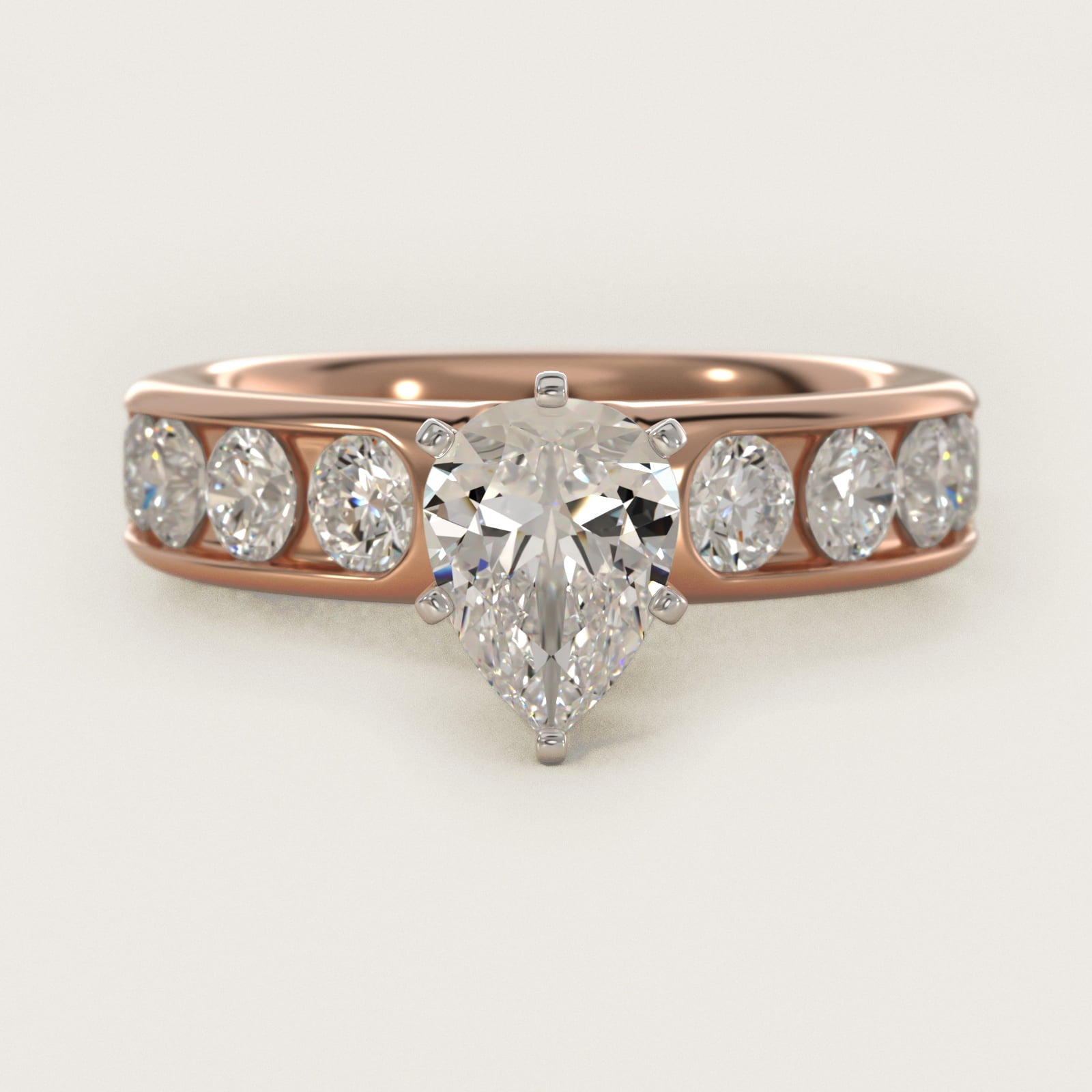Channel Set Round Diamond Engagement Ring in 14k Rose Gold (1 1/2 ct. tw.) - Pear Center