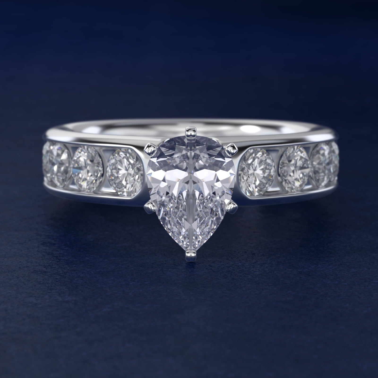 Channel Set Round Diamond Engagement Ring in 14k White Gold (1 1/2 ct. tw.) - Pear Center