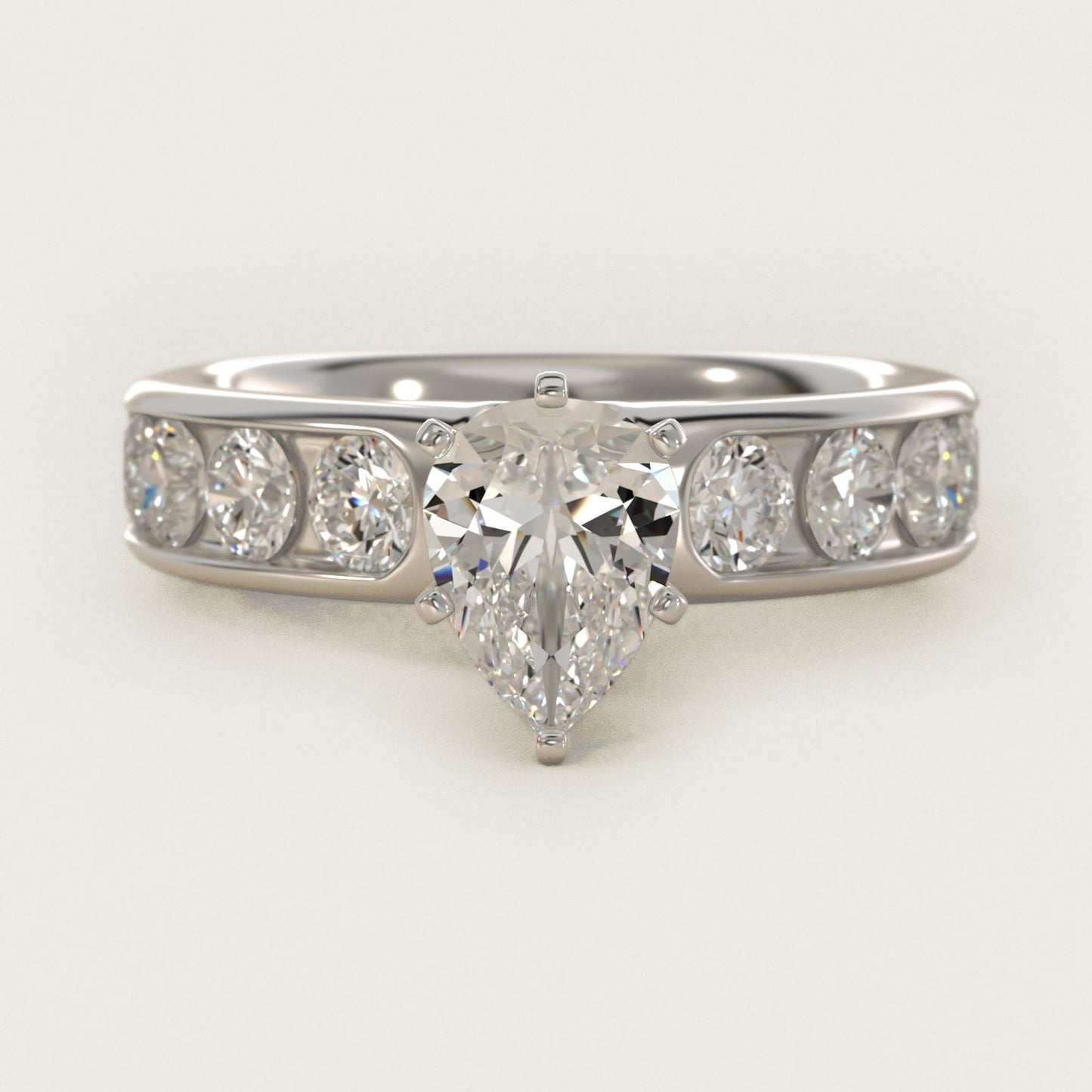 Channel Set Round Diamond Engagement Ring in 14k White Gold (1 1/2 ct. tw.) - Pear Center