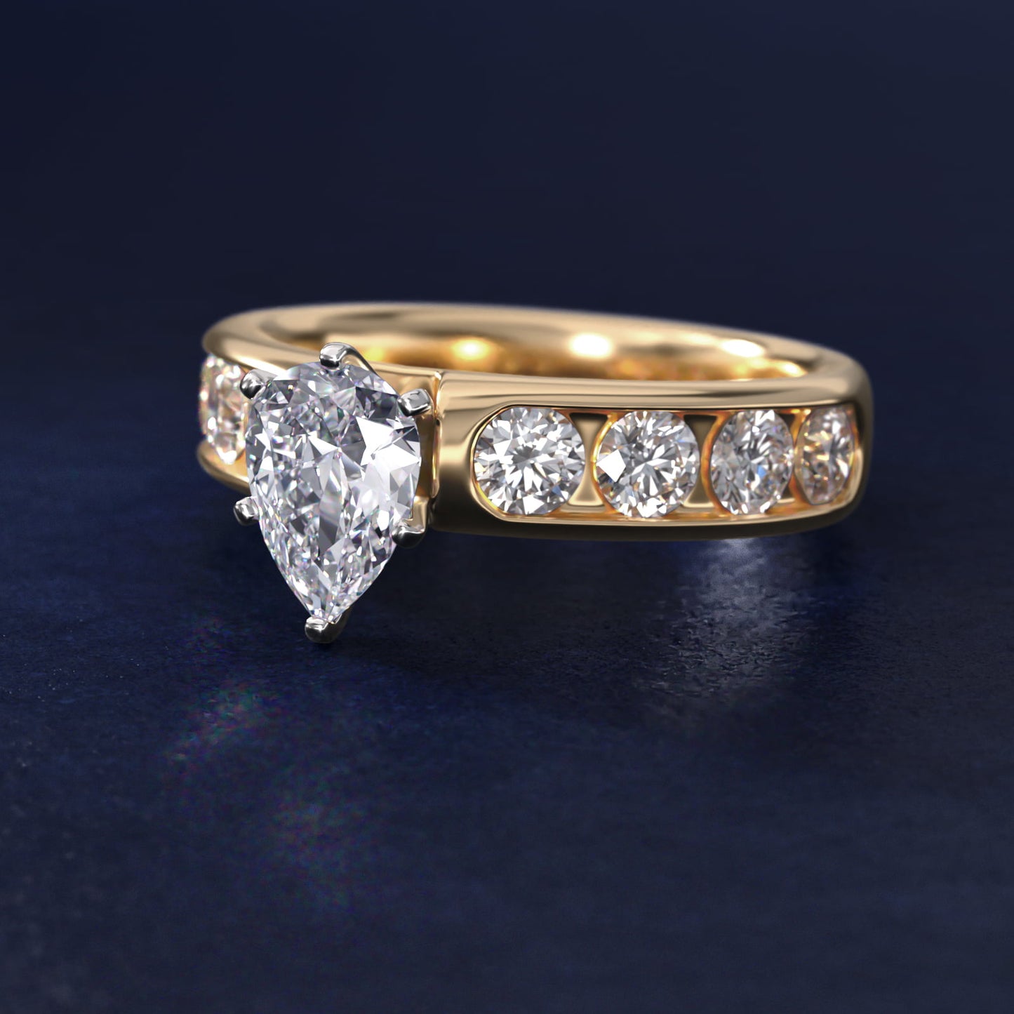 Channel Set Round Diamond Engagement Ring in 14k Yellow Gold (1 1/2 ct. tw.) - Pear Center