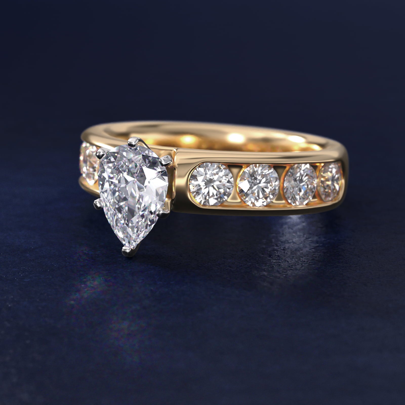 Channel Set Round Diamond Engagement Ring in 18k Yellow Gold (1 1/2 ct. tw.) - Pear Center