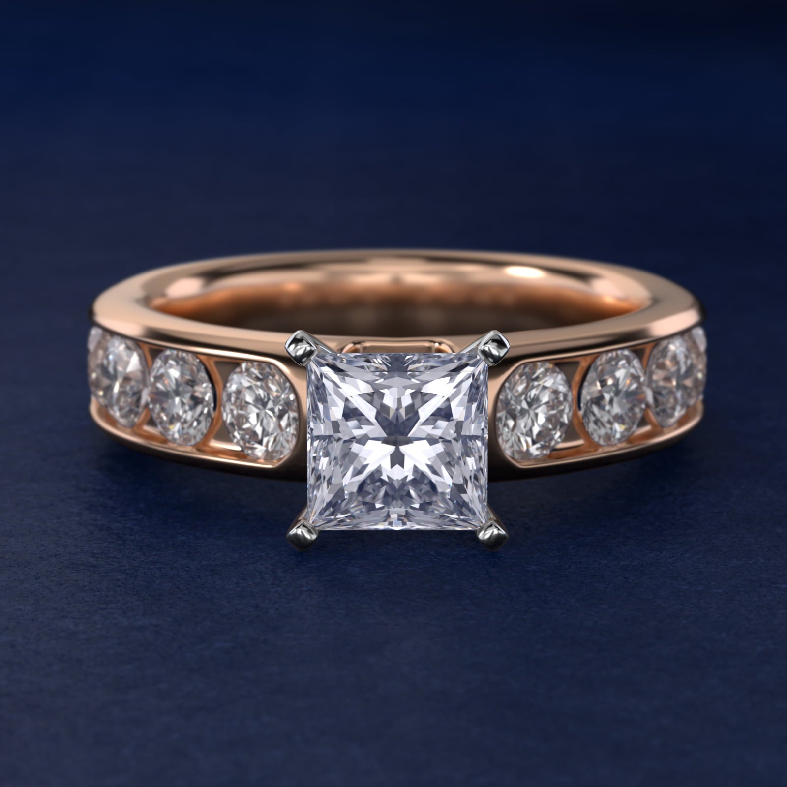 Channel Set Round Diamond Engagement Ring in 14k Rose Gold (1 1/2 ct. tw.) - Princess Center