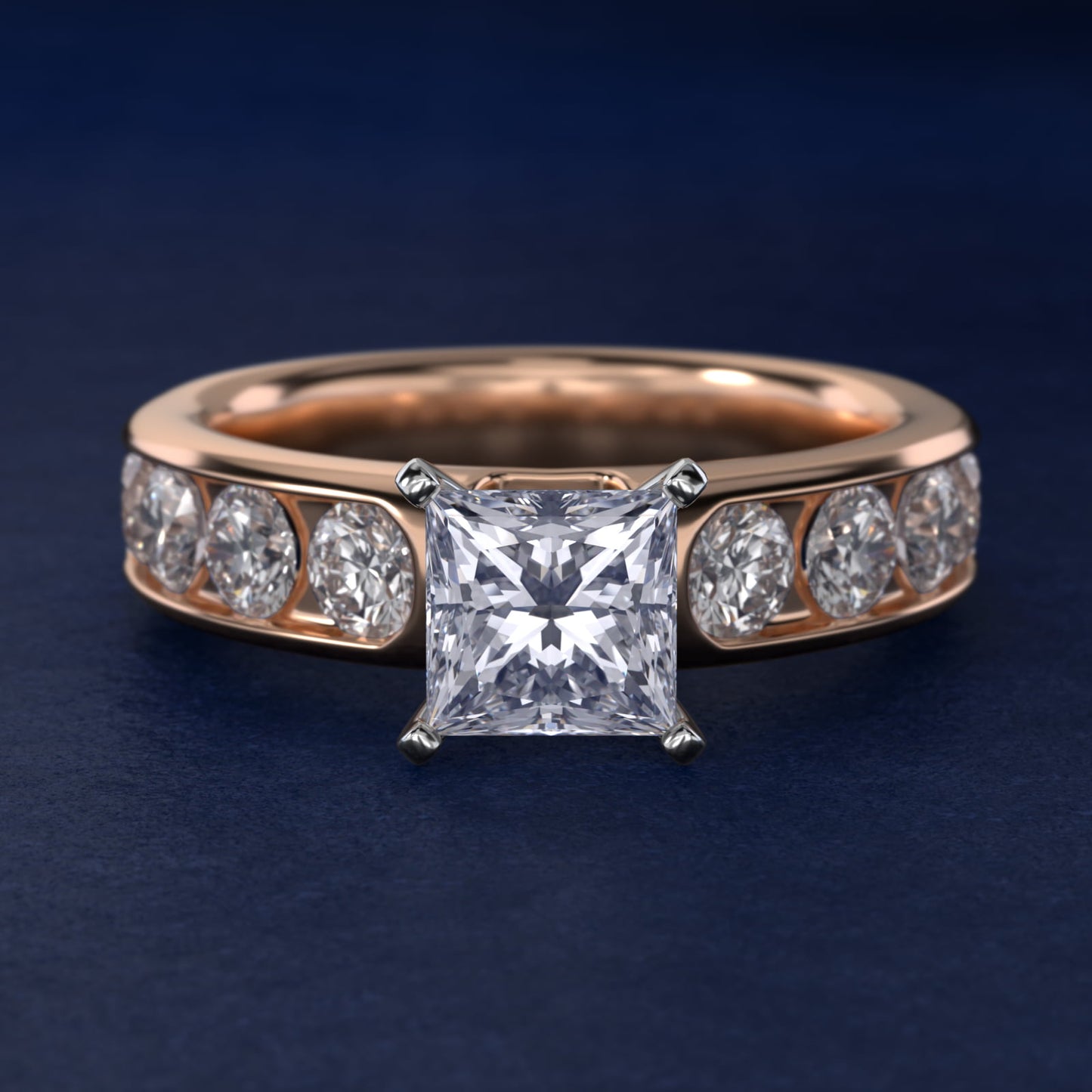 Channel Set Round Diamond Engagement Ring in 18k Rose Gold (1 1/2 ct. tw.) - Princess Center