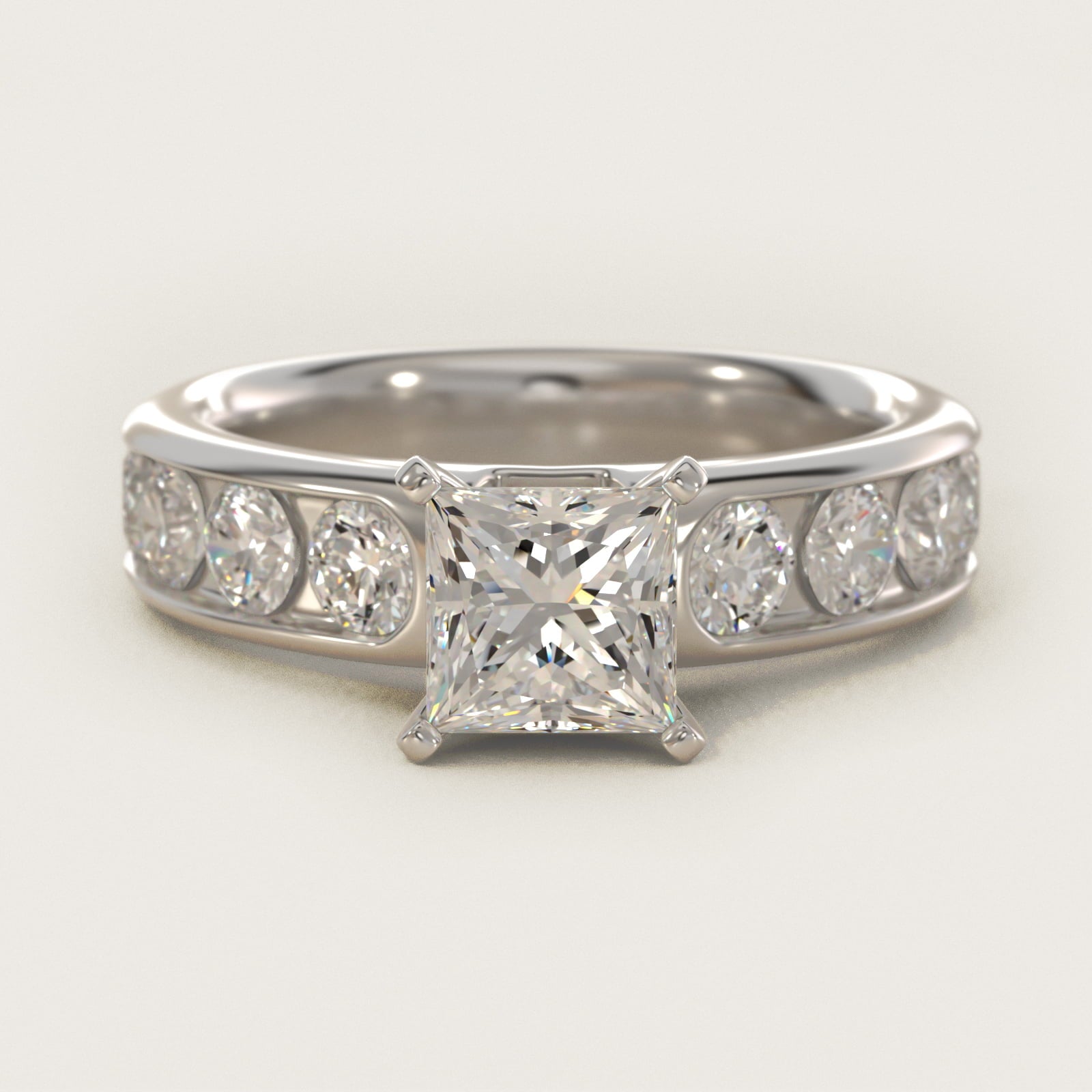 Channel Set Round Diamond Engagement Ring in 18k White Gold (1 1/2 ct. tw.) - Princess Center