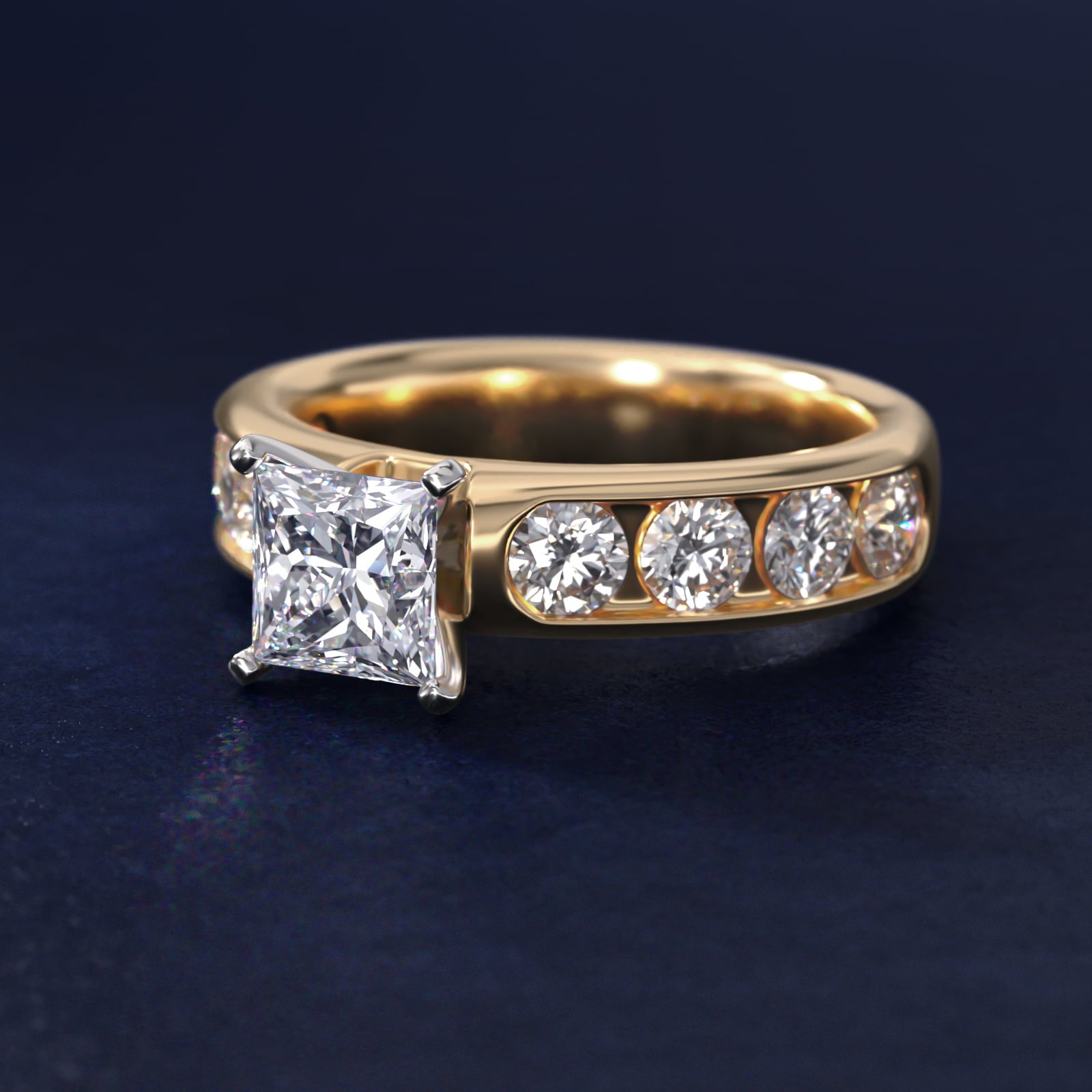 Channel Set Round Diamond Engagement Ring in 18k Yellow Gold (1 1/2 ct. tw.) - Princess Center