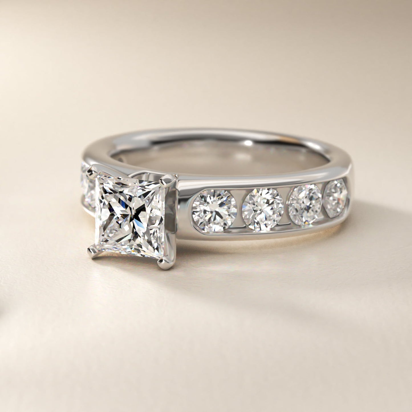 Channel Set Round Diamond Engagement Ring in Platinum (1 1/2 ct. tw.) - Princess Center