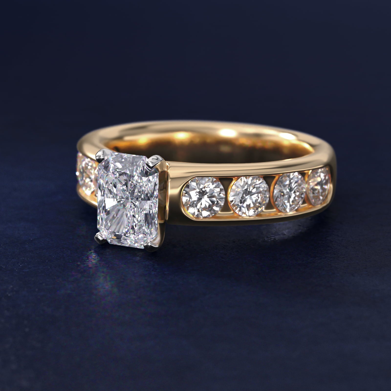 Channel Set Round Diamond Engagement Ring in 18k Yellow Gold (1 1/2 ct. tw.) - Radiant Center