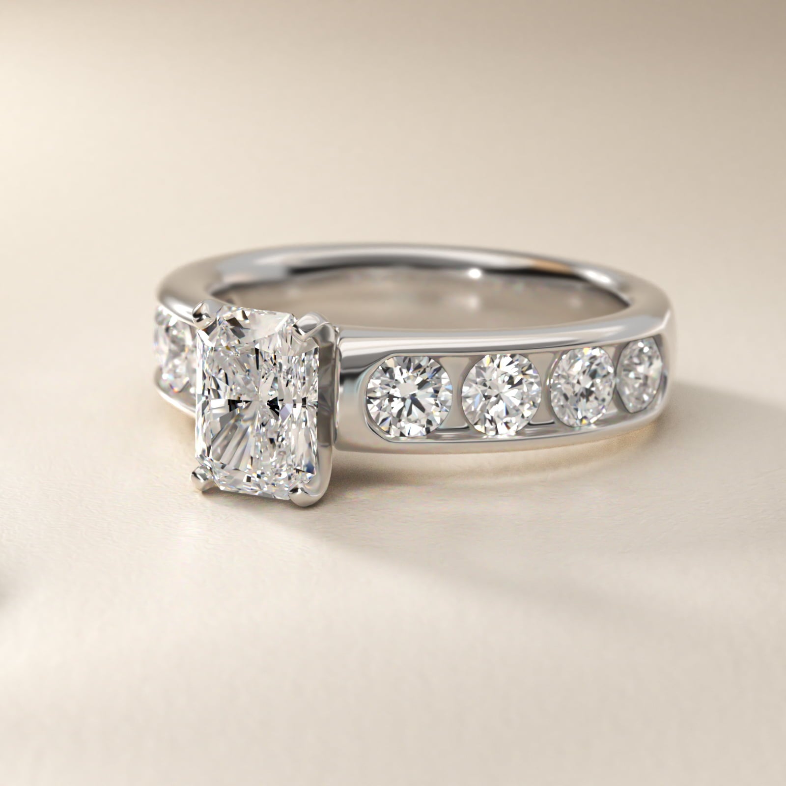 Channel Set Round Diamond Engagement Ring in Platinum (1 1/2 ct. tw.) - Radiant Center