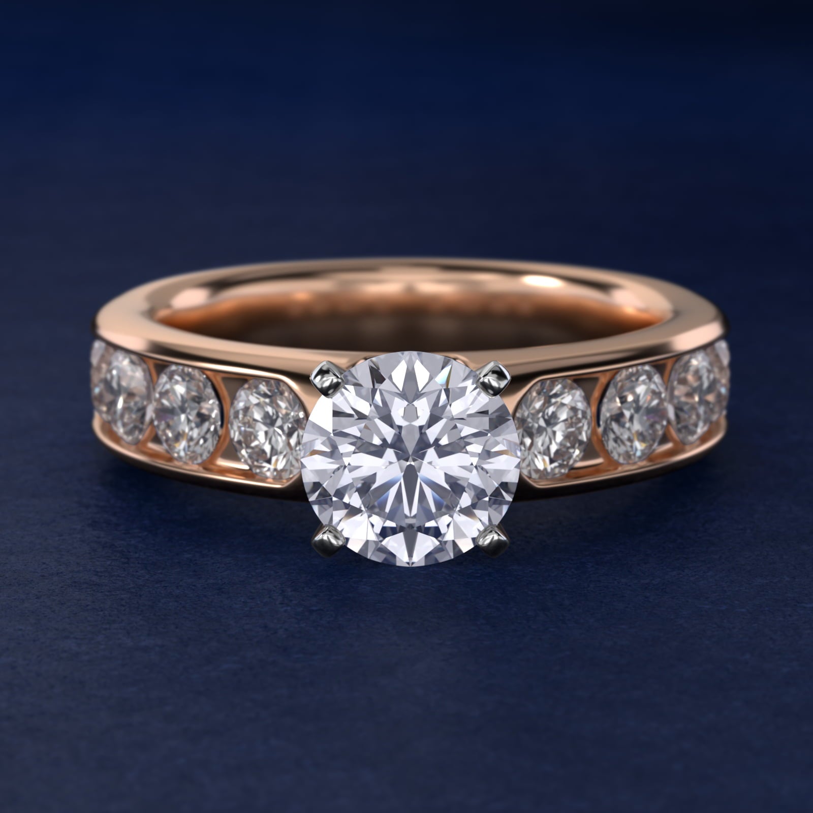 Channel Set Round Diamond Engagement Ring in 18k Rose Gold (1 1/2 ct. tw.) - Round Center