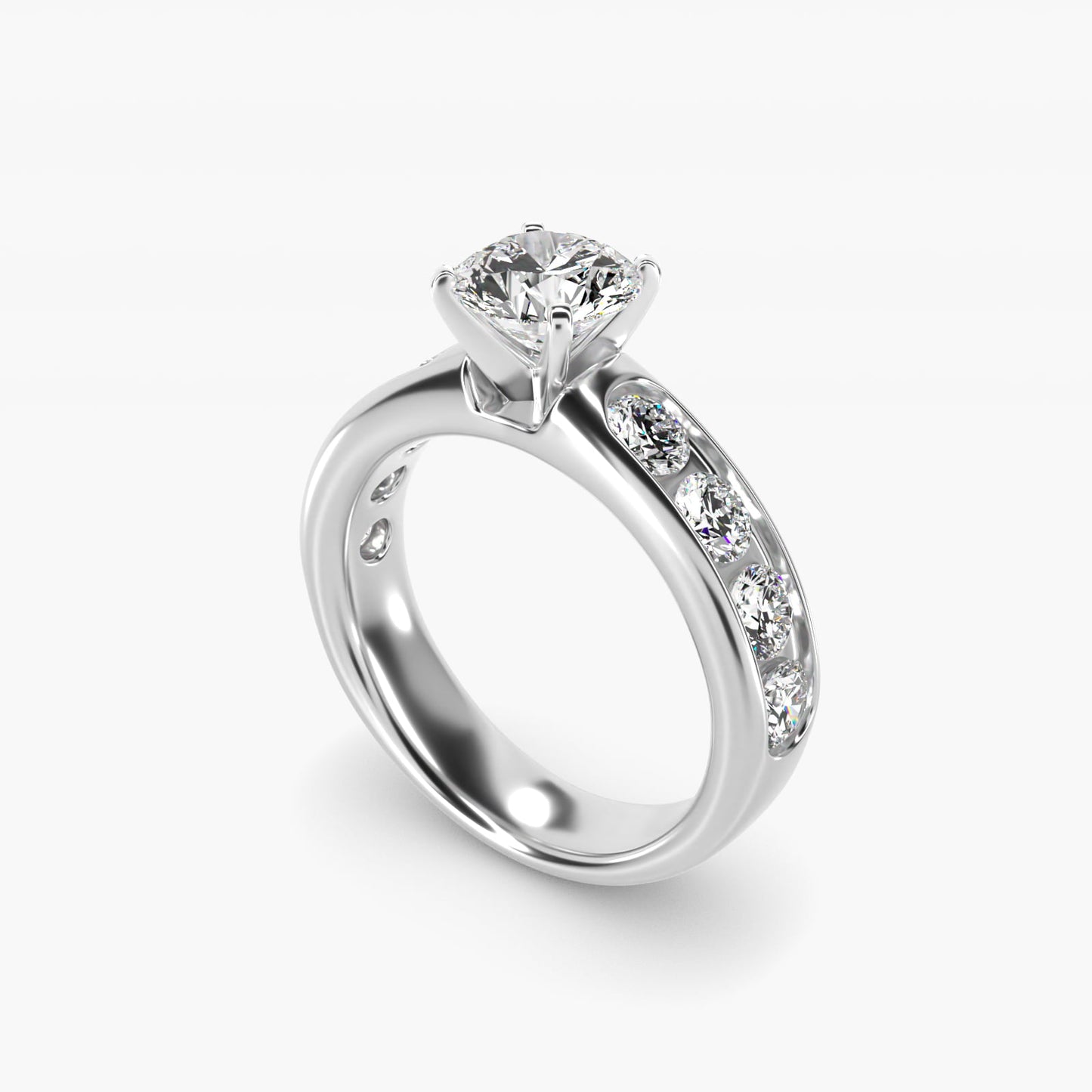 Channel Set Round Diamond Engagement Ring in 18k White Gold (1 1/2 ct. tw.) - Round Center