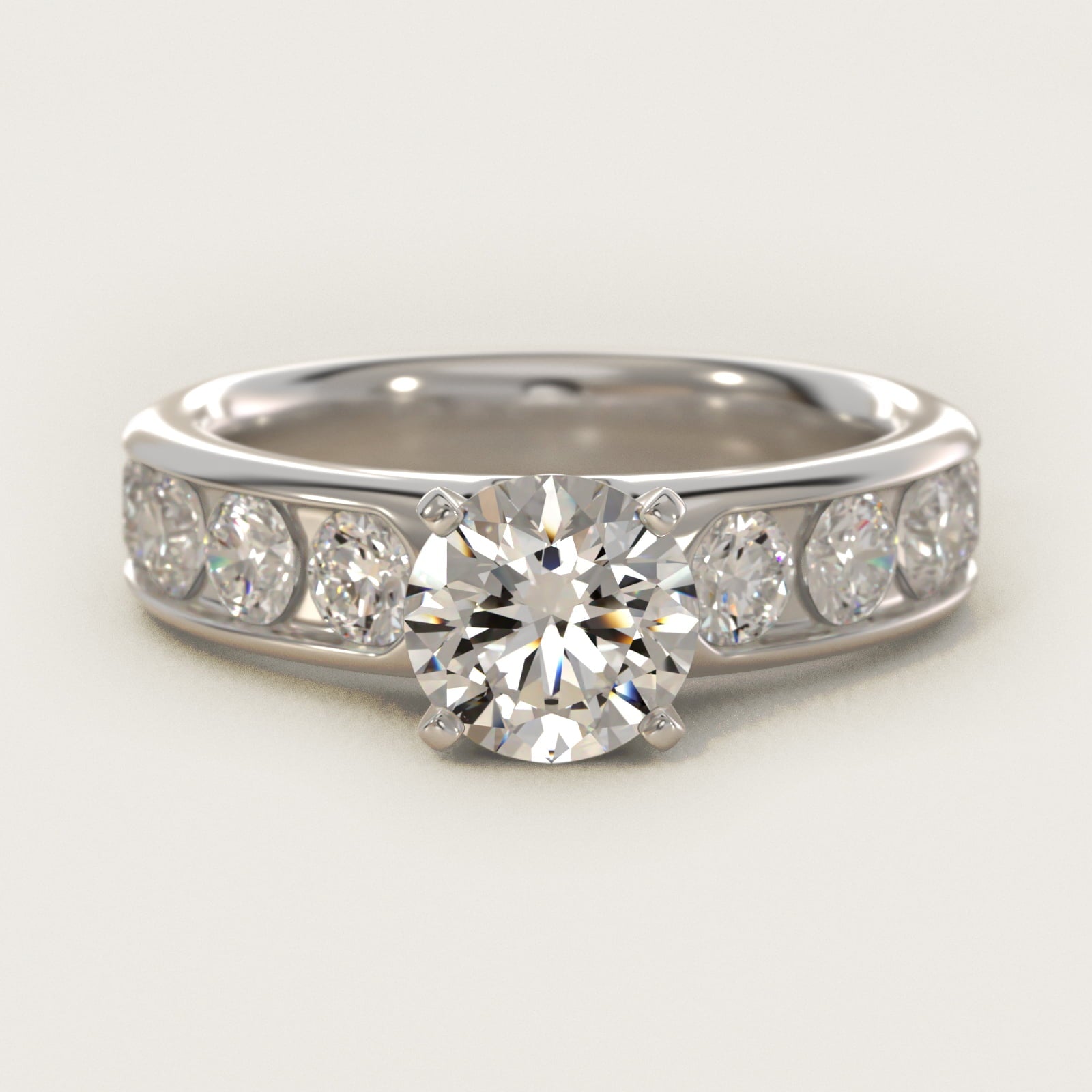 Channel Set Round Diamond Engagement Ring in 18k White Gold (1 1/2 ct. tw.) - Round Center