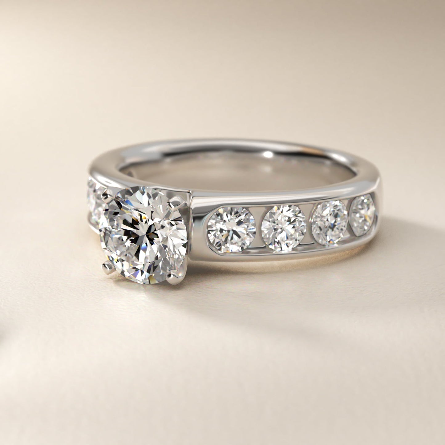Channel Set Round Diamond Engagement Ring in Platinum (1 1/2 ct. tw.) - Round Center