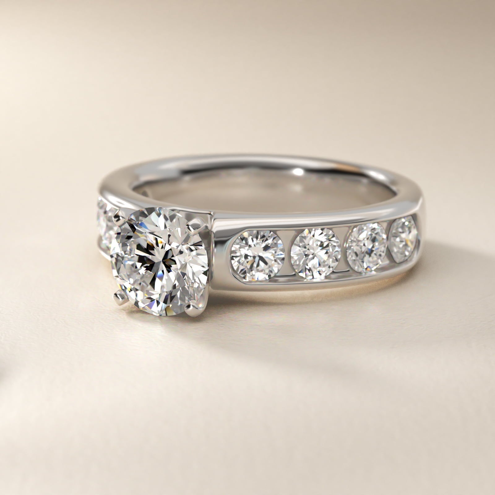 Channel Set Round Diamond Engagement Ring in Platinum (1 1/2 ct. tw.) - Round Center