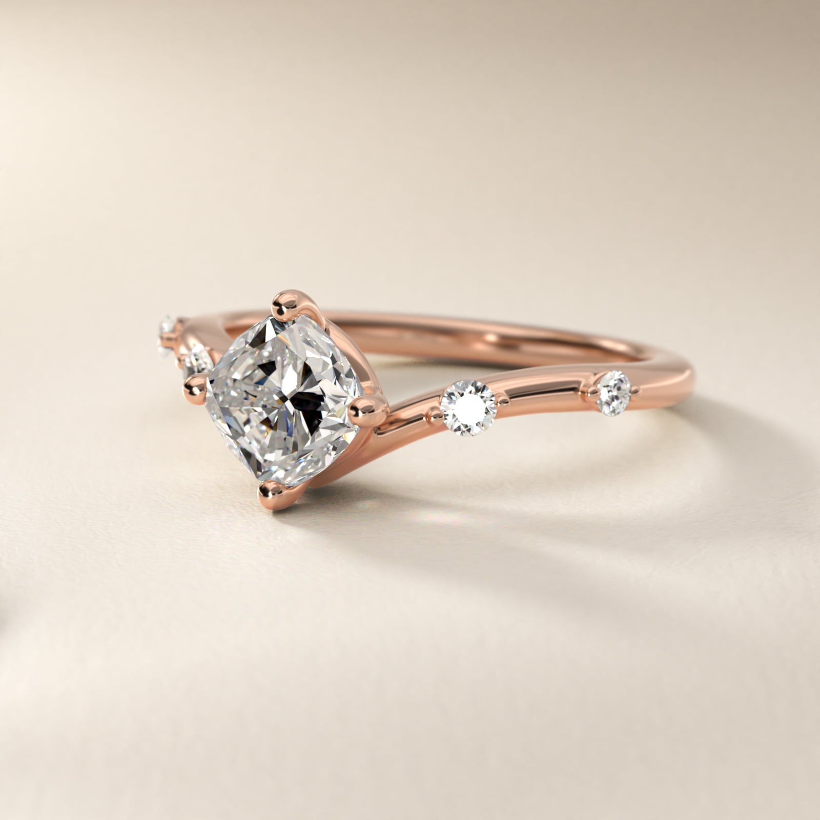 Chevron Diamond Station Side Stone Engagement Ring In 18k Rose Gold By James Allen - Cushion Center