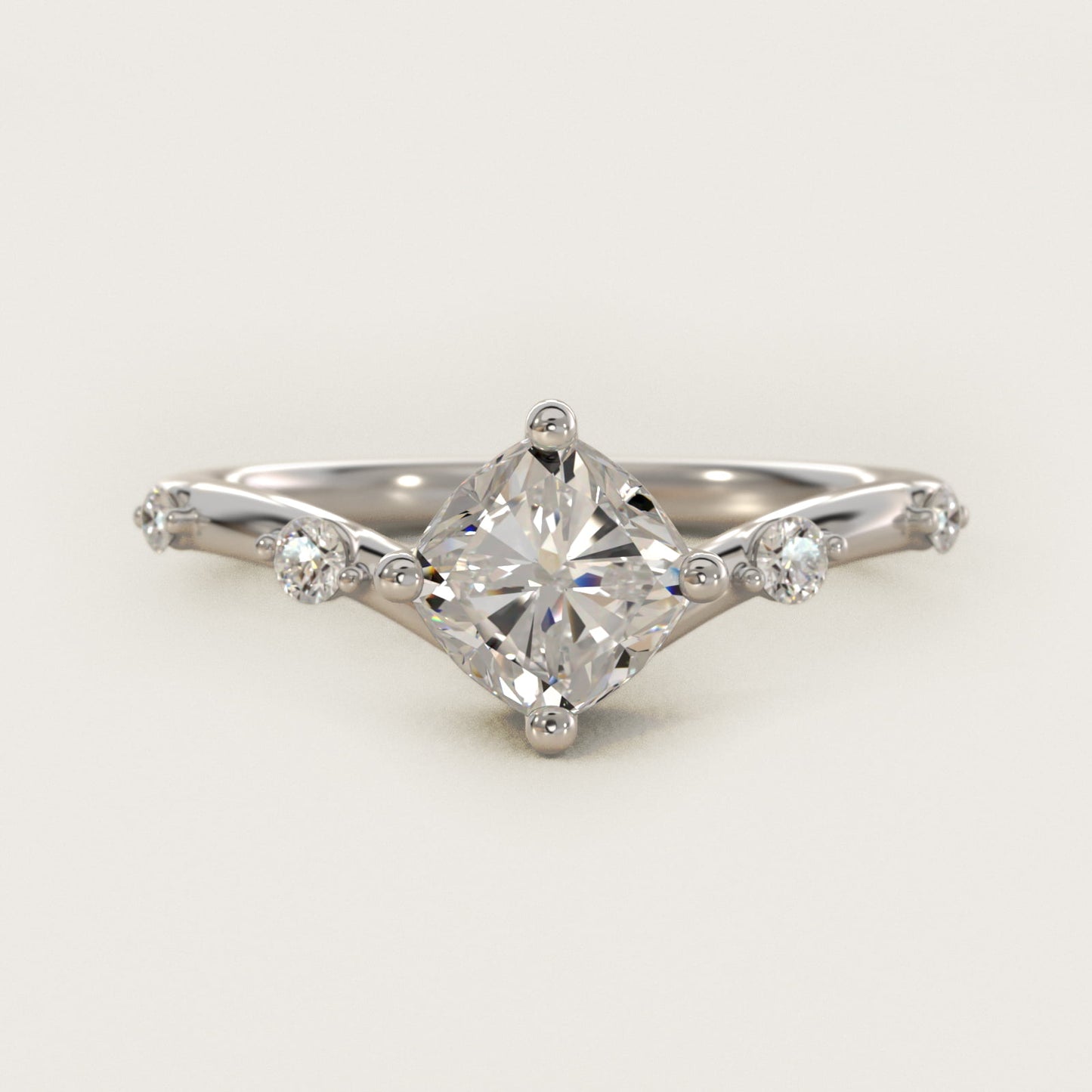 Chevron Diamond Station Side Stone Engagement Ring In 18k White Gold By James Allen - Cushion Center