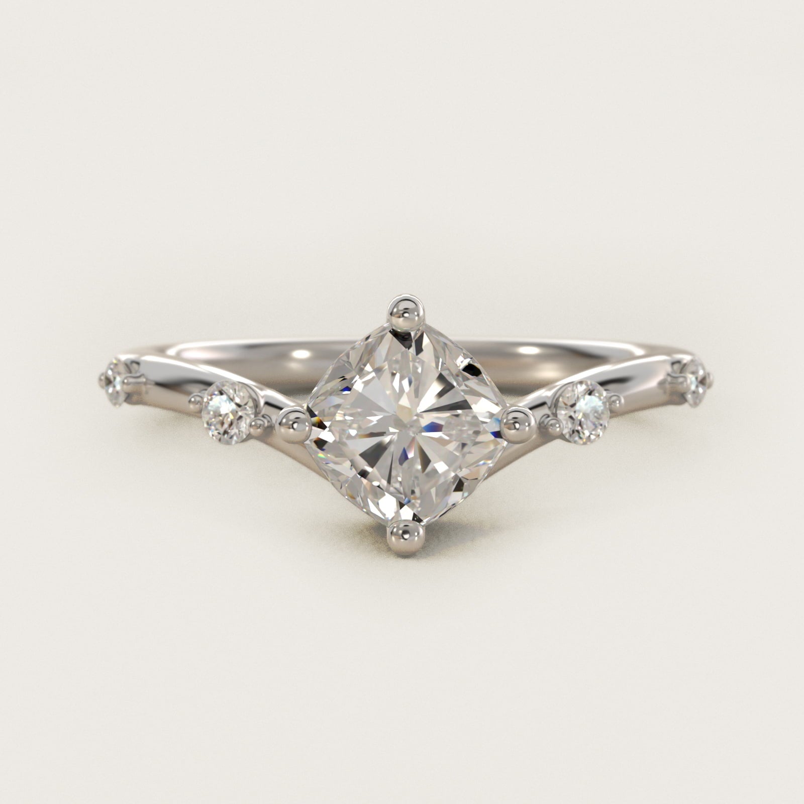 Chevron Diamond Station Side Stone Engagement Ring In 18k White Gold By James Allen - Cushion Center