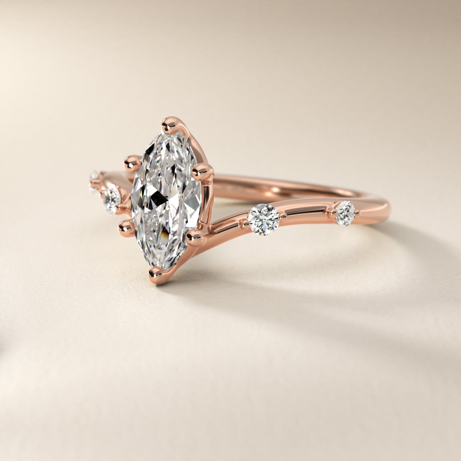 Chevron Diamond Station Side Stone Engagement Ring In 18k Rose Gold By James Allen - Marquise Center