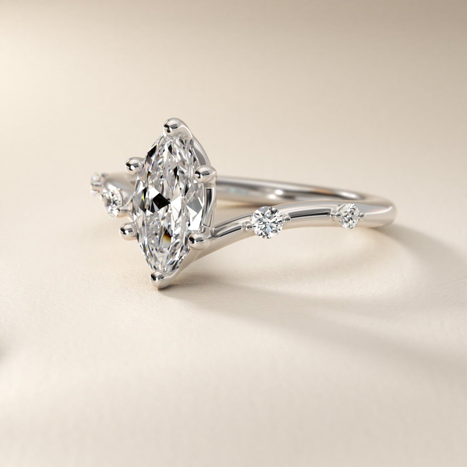 Chevron Diamond Station Side Stone Engagement Ring In Platinum By James Allen - Marquise Center