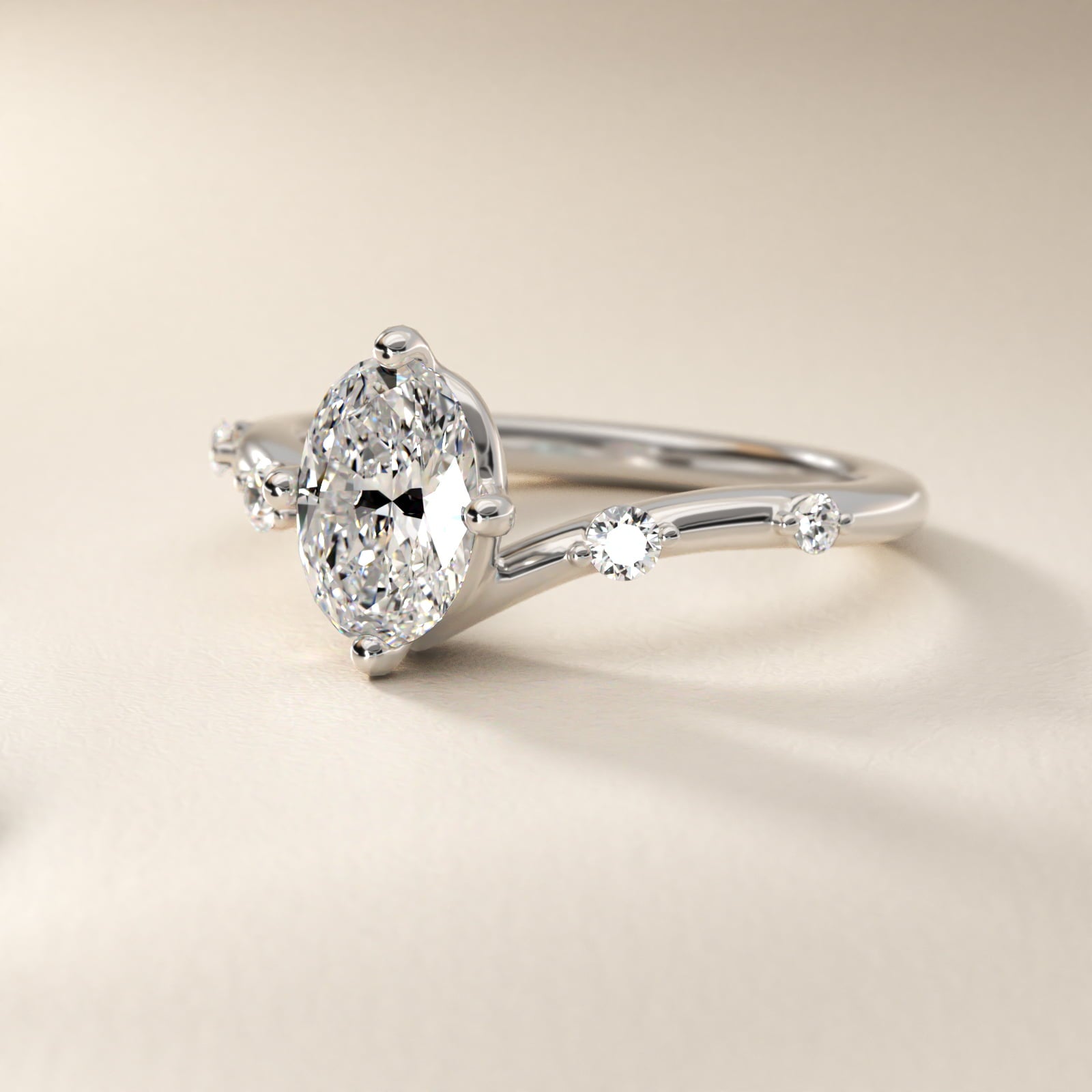 Chevron Diamond Station Side Stone Engagement Ring In Platinum By James Allen - Oval Center
