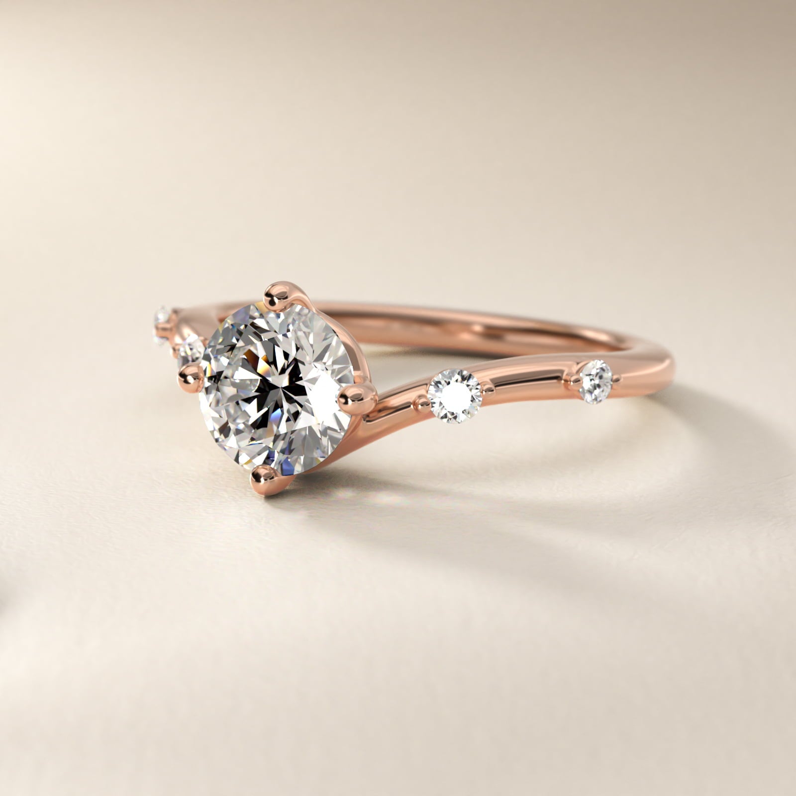 Chevron Diamond Station Side Stone Engagement Ring In 14K Rose Gold By James Allen - Round Center