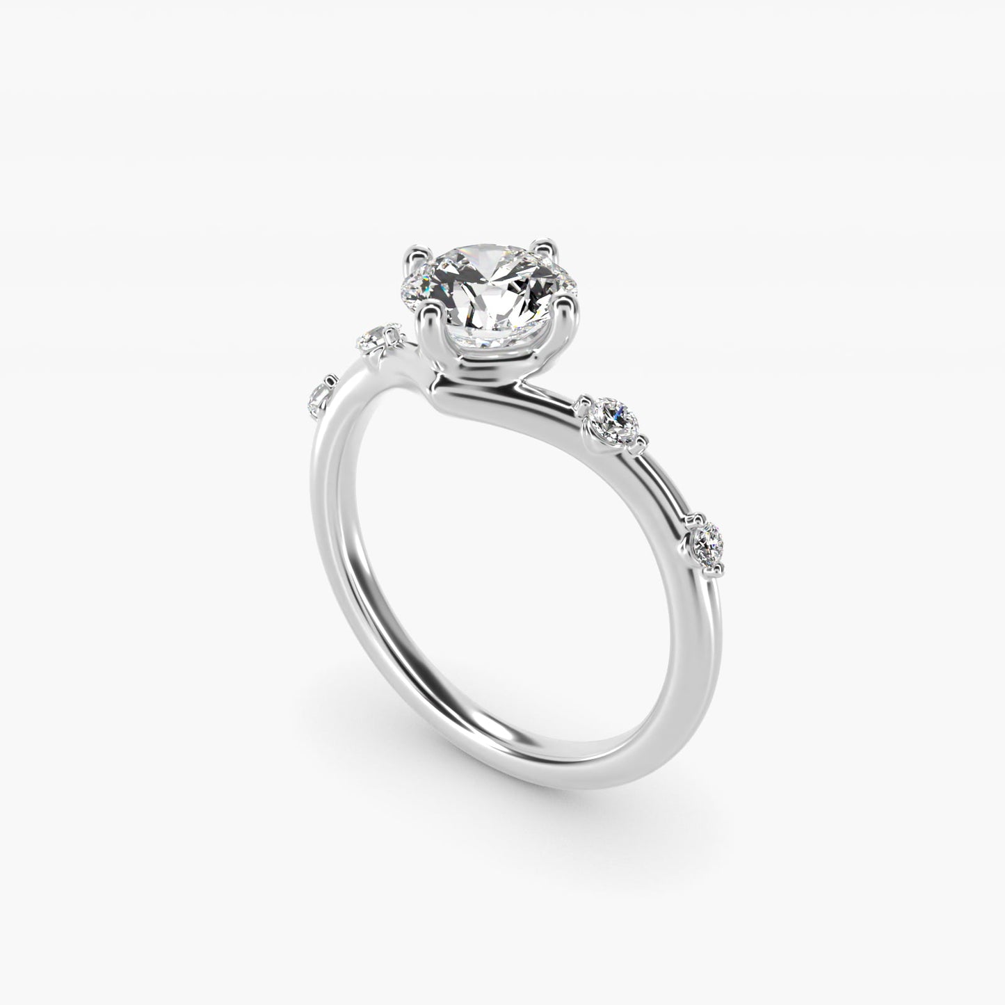 Chevron Diamond Station Side Stone Engagement Ring In 14K White Gold By James Allen - Round Center