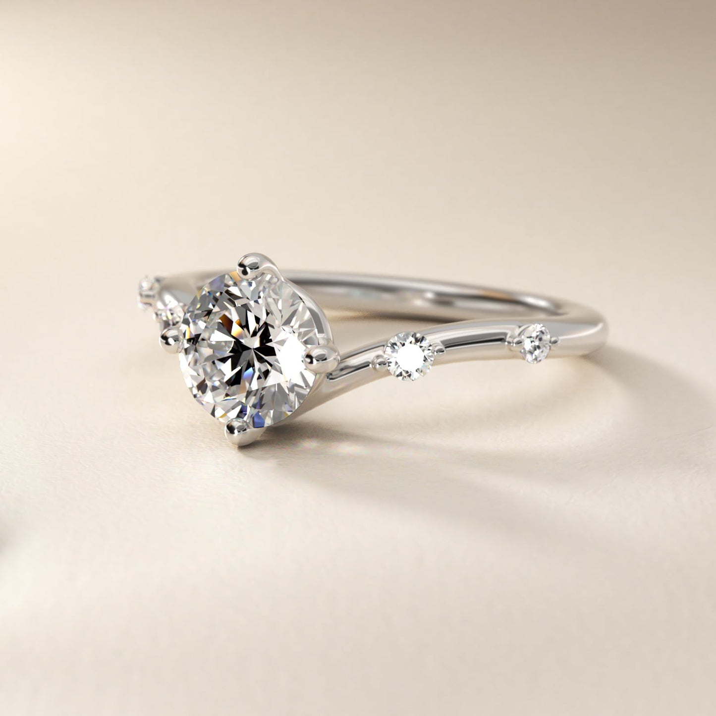 Chevron Diamond Station Side Stone Engagement Ring In Platinum By James Allen - Round Center