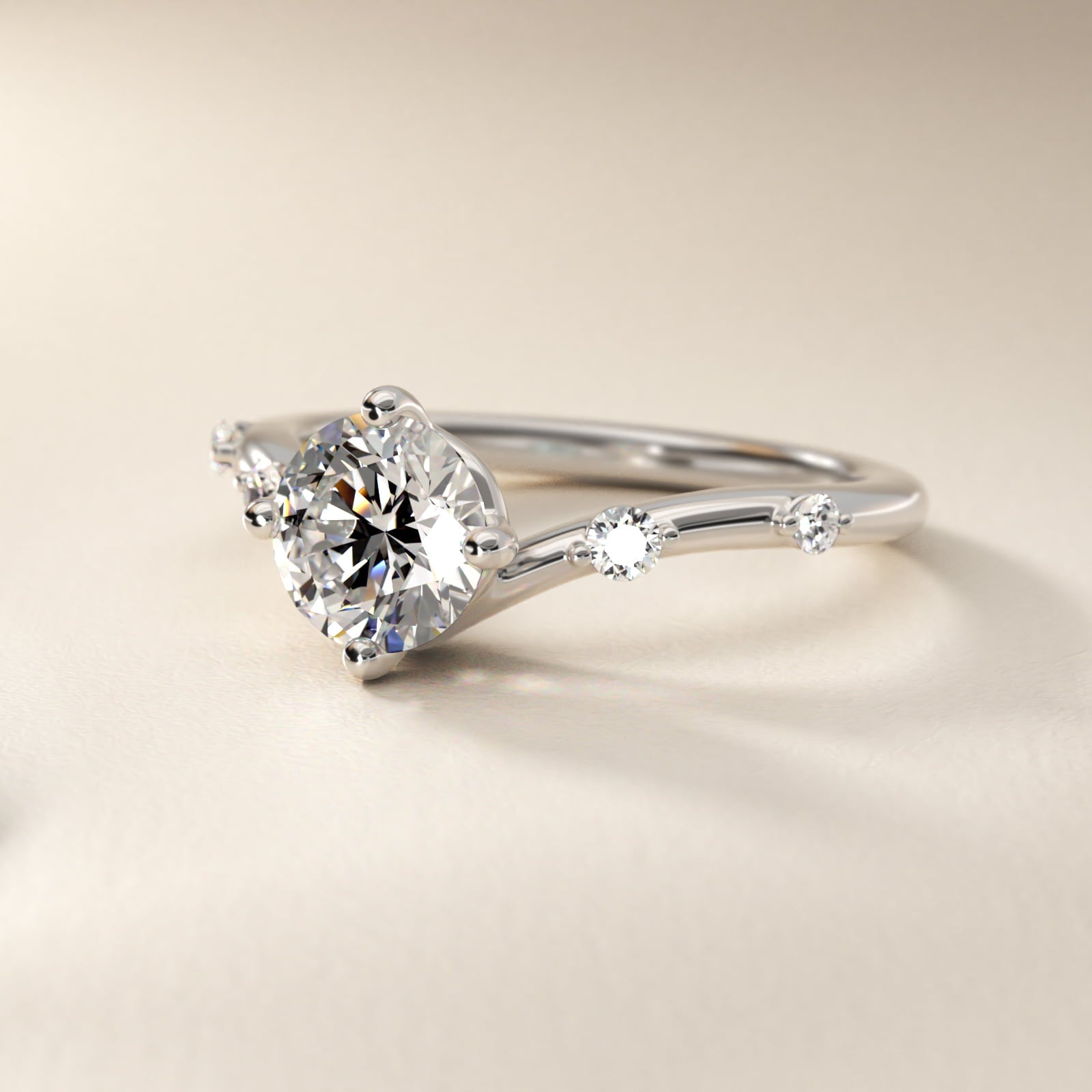 Chevron Diamond Station Side Stone Engagement Ring In Platinum By James Allen - Round Center