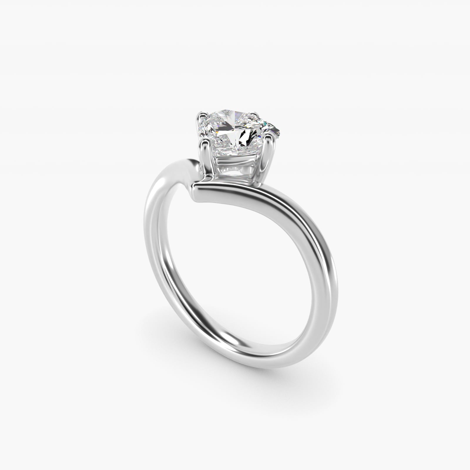 Chevron Solitaire Engagement Ring in 14k White Gold - Heart Center