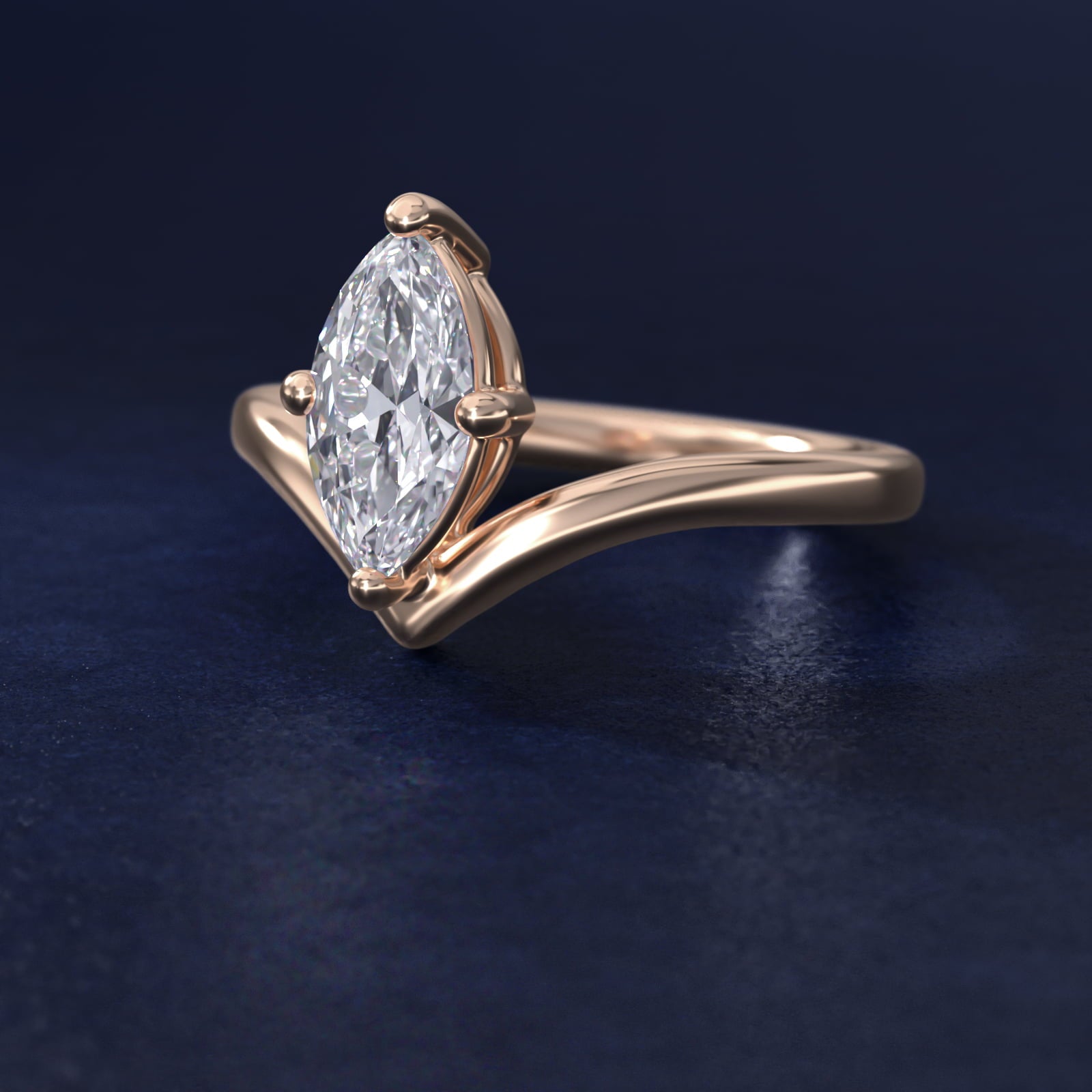 Chevron Solitaire Engagement Ring in 14k Rose Gold - Marquise Center